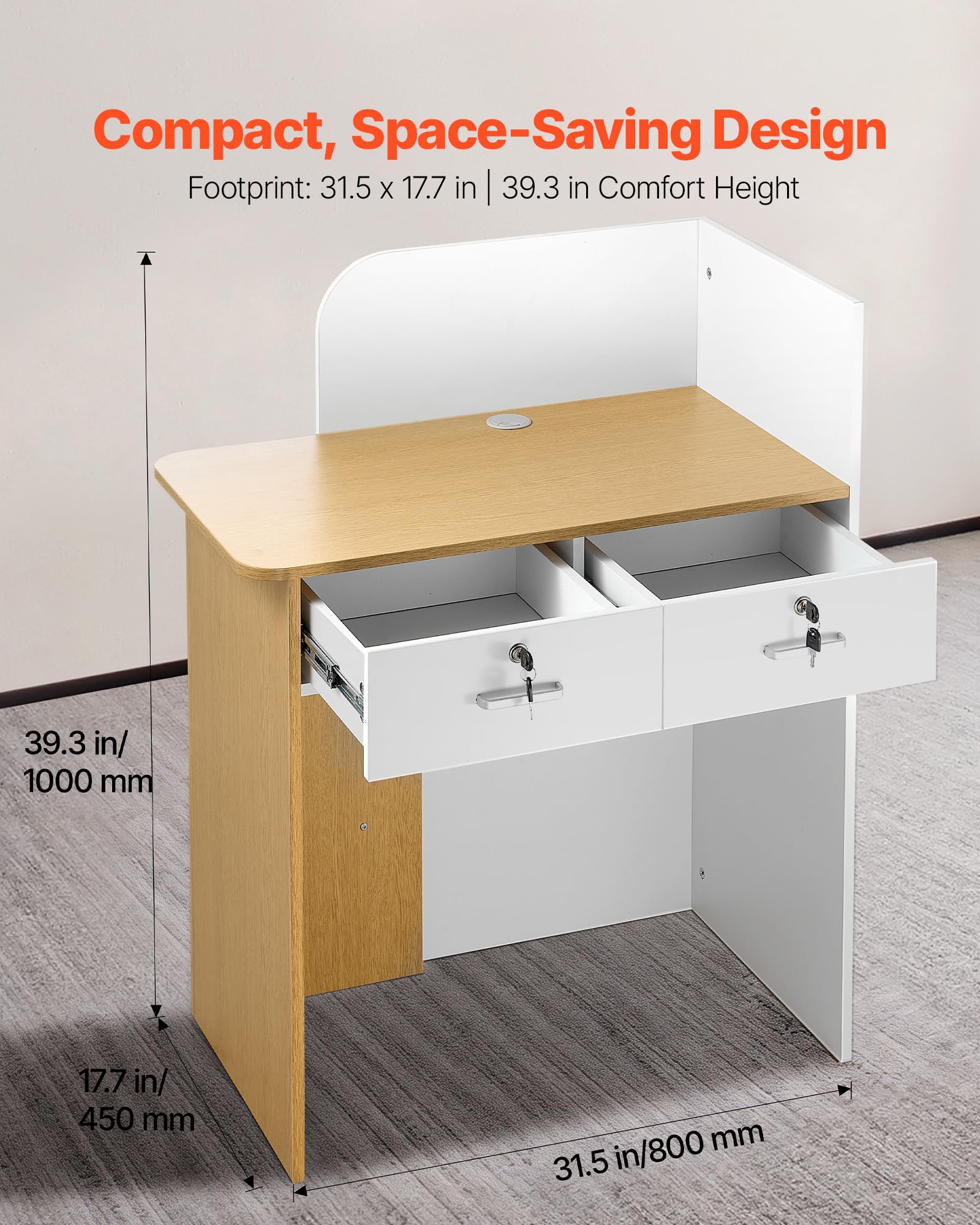 VEVOR Mostrador de Recepción 80 x 45 x 100 cm, Mesa de Recepción Material de Tablero de Partículas con Luz LED y 2 Cajones, Mostrador de Recepcionista para Caja, Vestíbulo, Salón de Belleza, Oficina