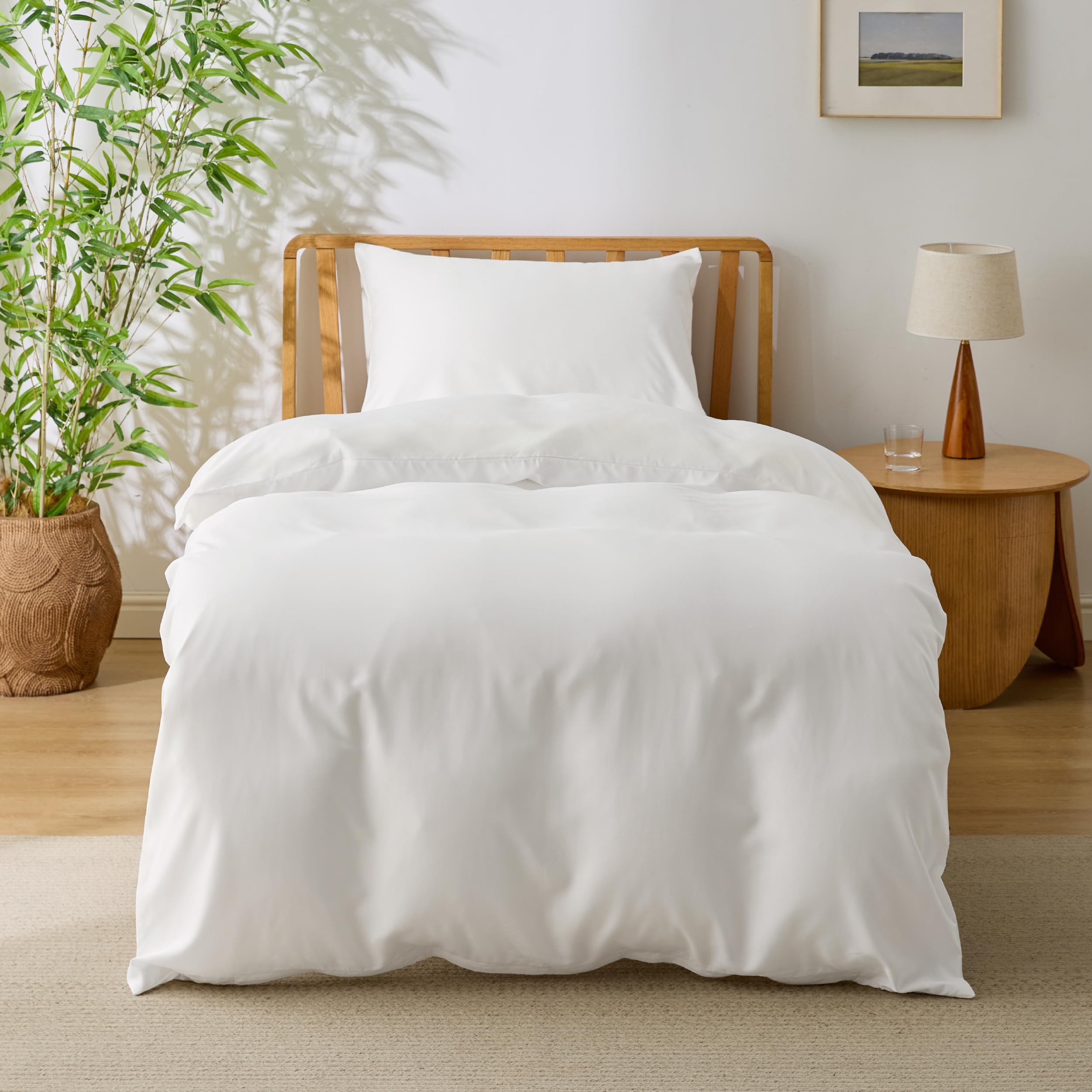 Bedsure Single Duvet Cover Set - 100% Rayon Derived from Bamboo, Cooling Duvet Cover Sets, Breathable & Cool Summer Bedding with 1 Pillowcase, Zipper Closure, Perfect for Hot Sleeper, White
