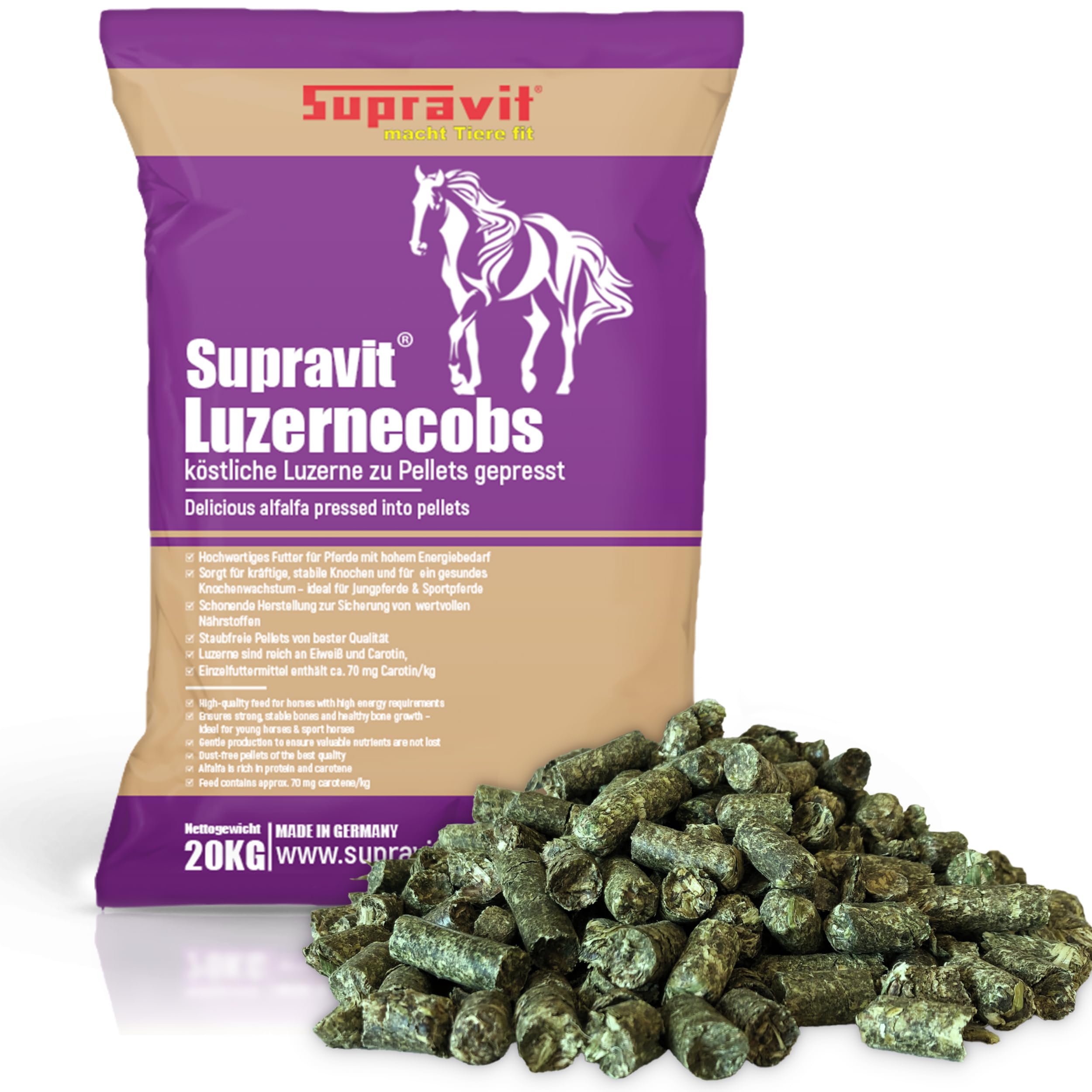 Supravit Luzernecobs 20kg - energiereiches Pferdefutter I Luzernepellets mit hohem Anteil an Carotin I liefert wichtige Mineralien für alle Pferde