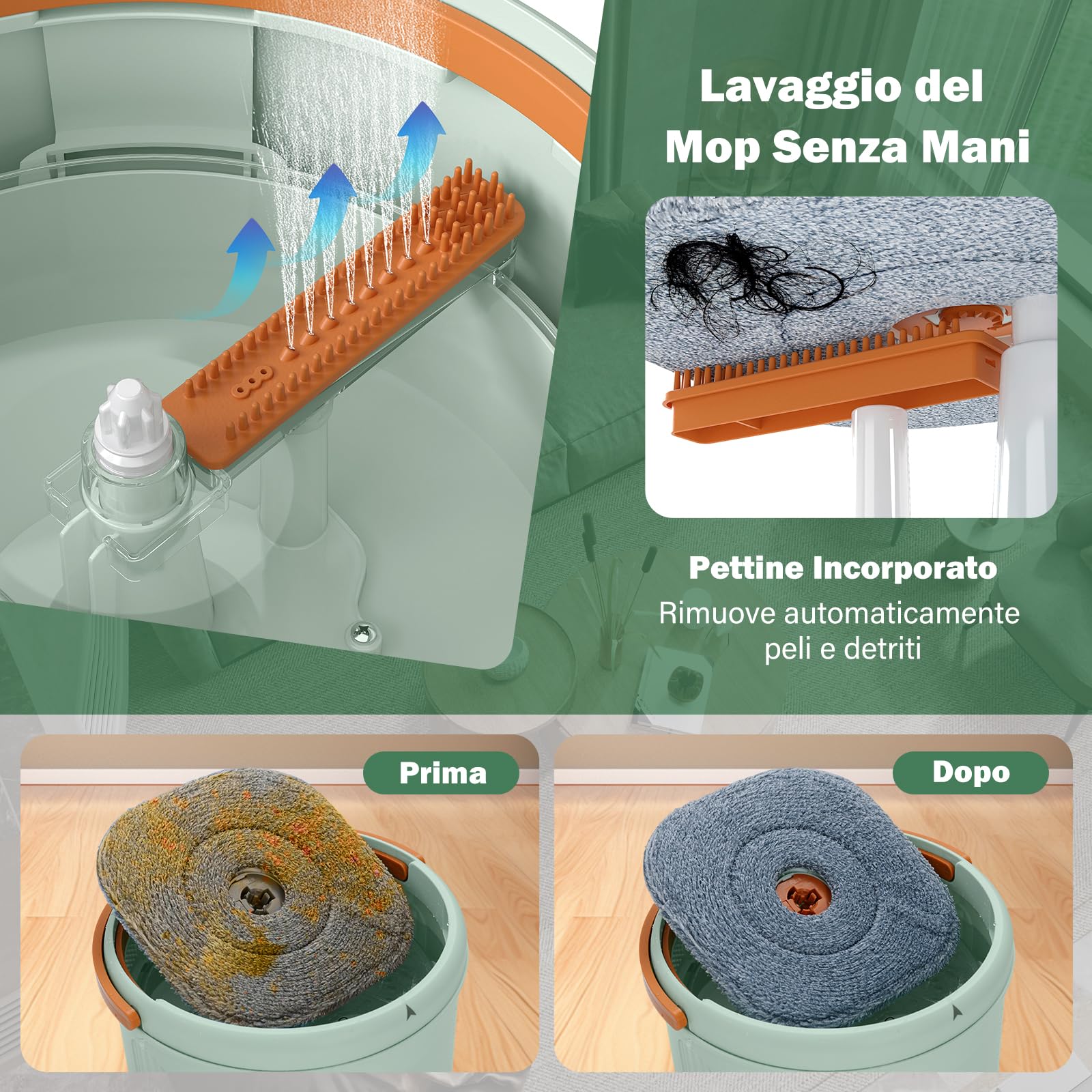 COSTWAY Set Mocio Lavapavimenti con Secchio, Mocio Piatto con Strizzatore e 2 Panni in Microfibra, Portatile per Pulizia Pavimenti Bagnati e Asciutti (Stile 1 Verde)