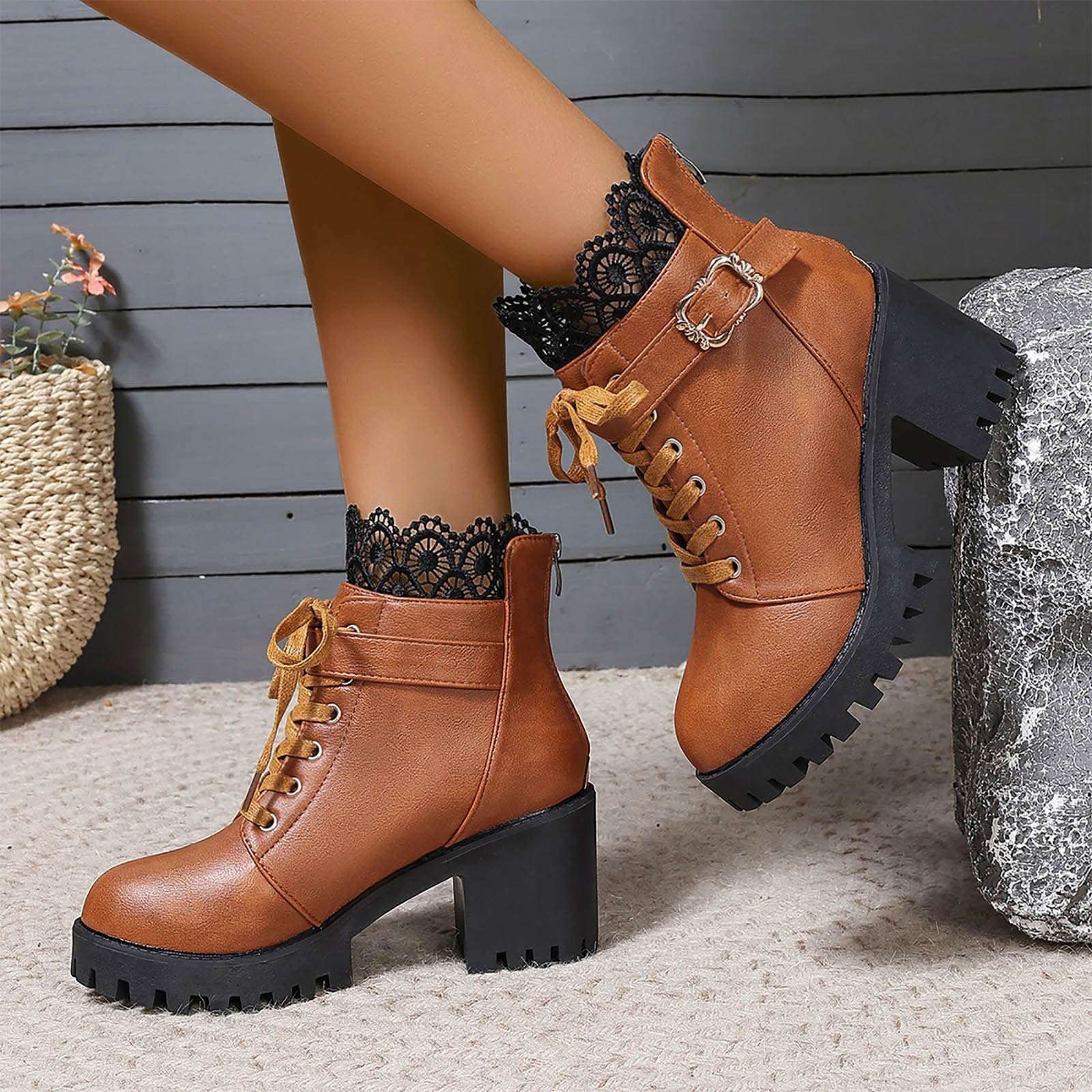 Botines De Mujer Moda Invierno Con Encaje Trasero Cremallera Plataforma Botas Con Tacón