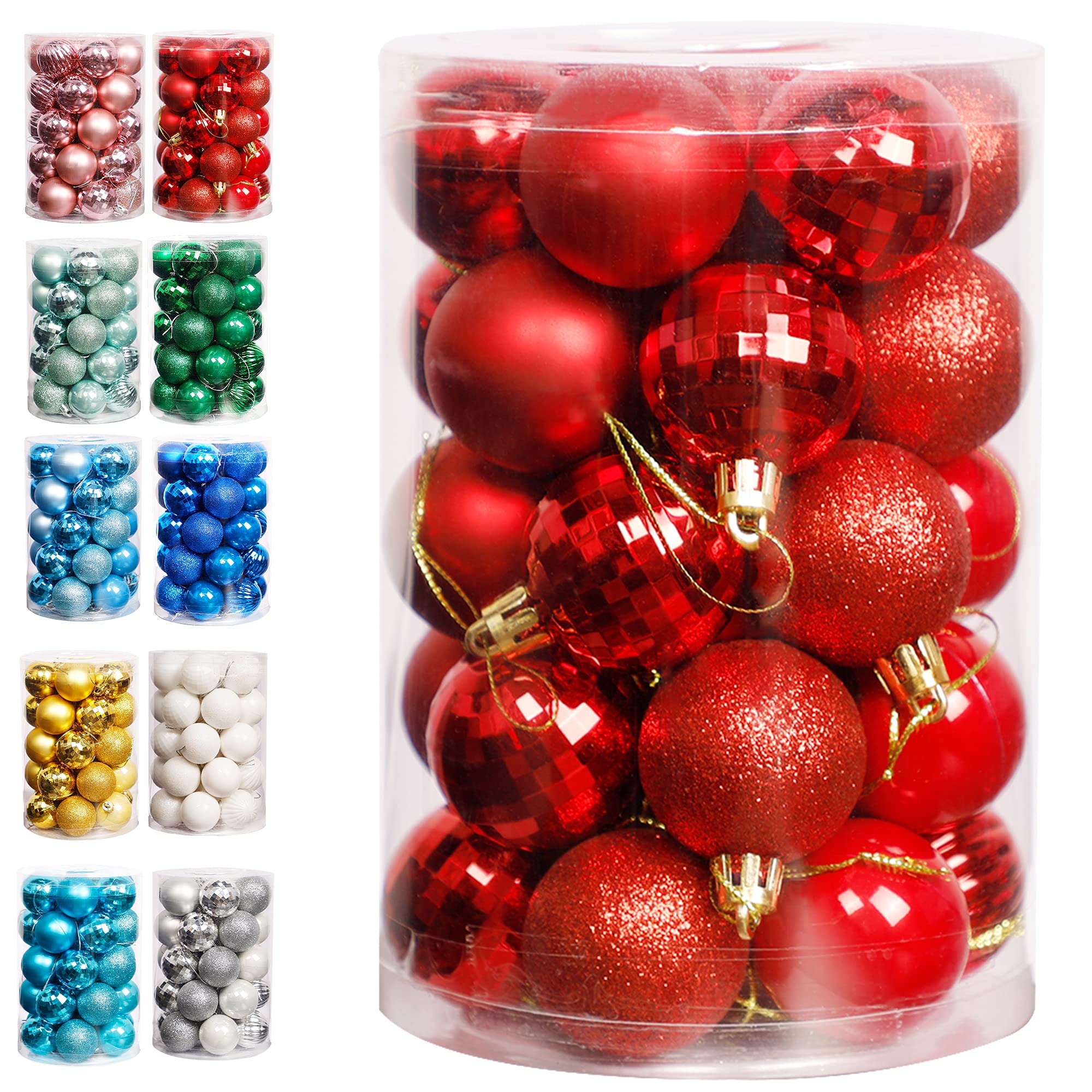 Lulu Home Christmas Ball Ornaments, 34 Ct 1.57" Pre-Strung Hanging Ornament Decorations, Xmas Shatterproof Plastic Balls for Holiday Party Wreath Garlands Trees, Red