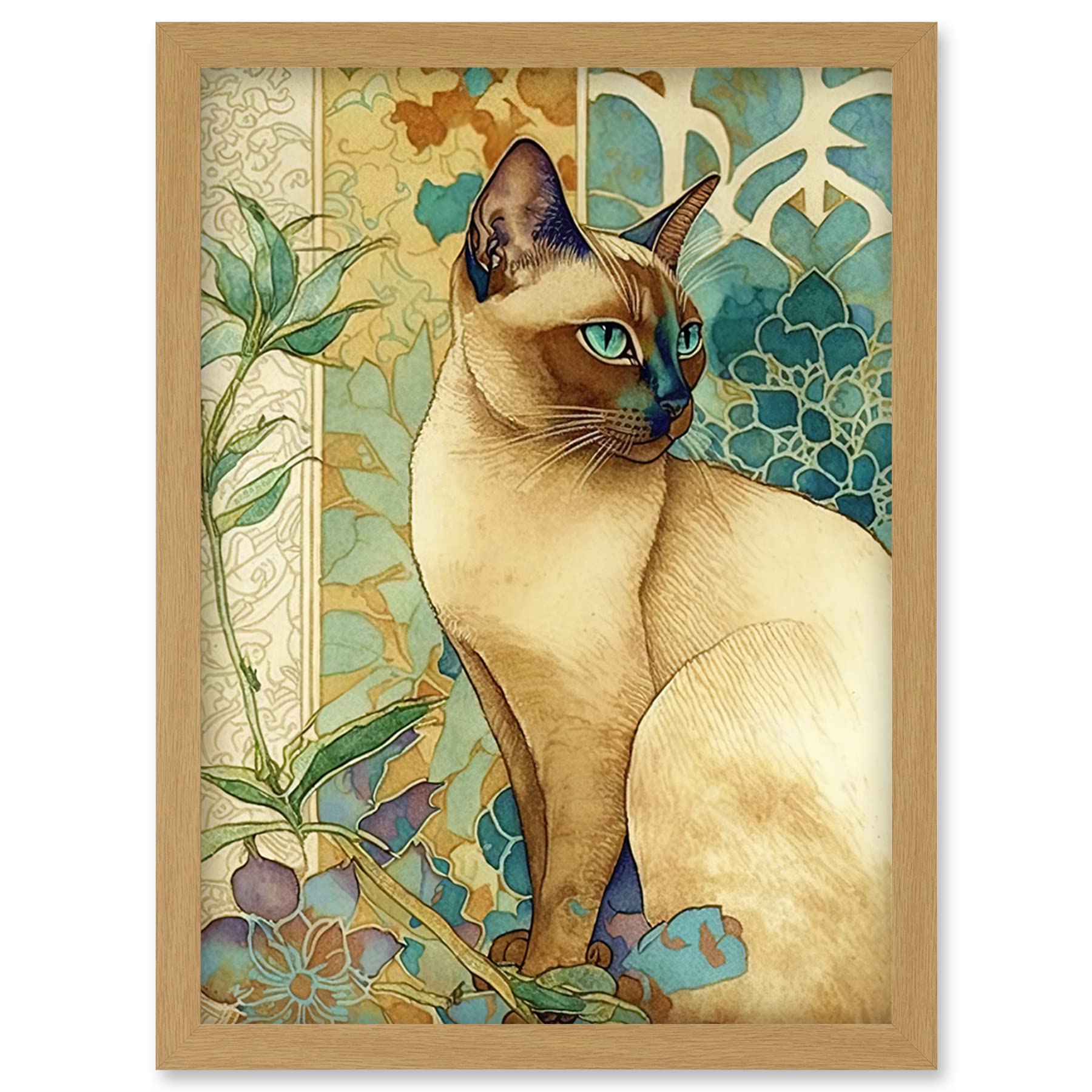Artery8 Tonkinese Cat with Art Nouveau Botanical Patterns Colourful Watercolour Illustration Artwork Framed Wall Art Print A4