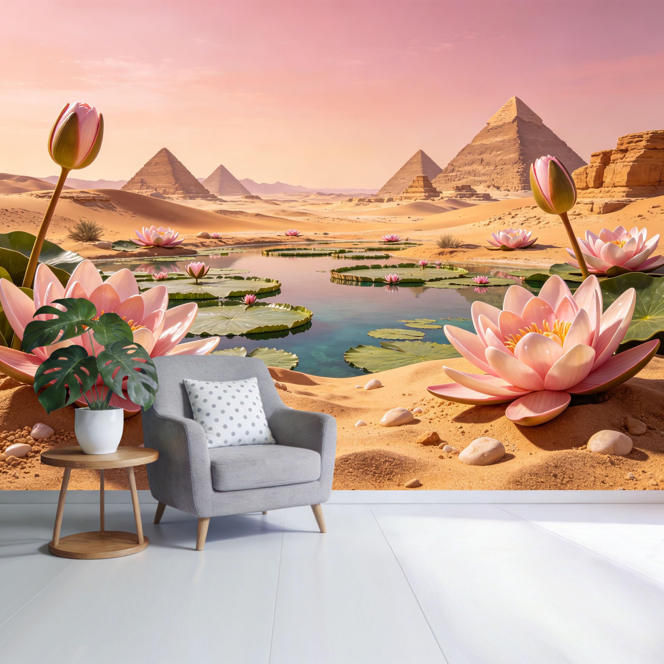 Custom Size Wall Mural Desert Oasis Lotus Pond with Pyramids Landscape Watercolor Style SelfAdhesive Wall Fabric Removable Wallpaper for Home Office Decor