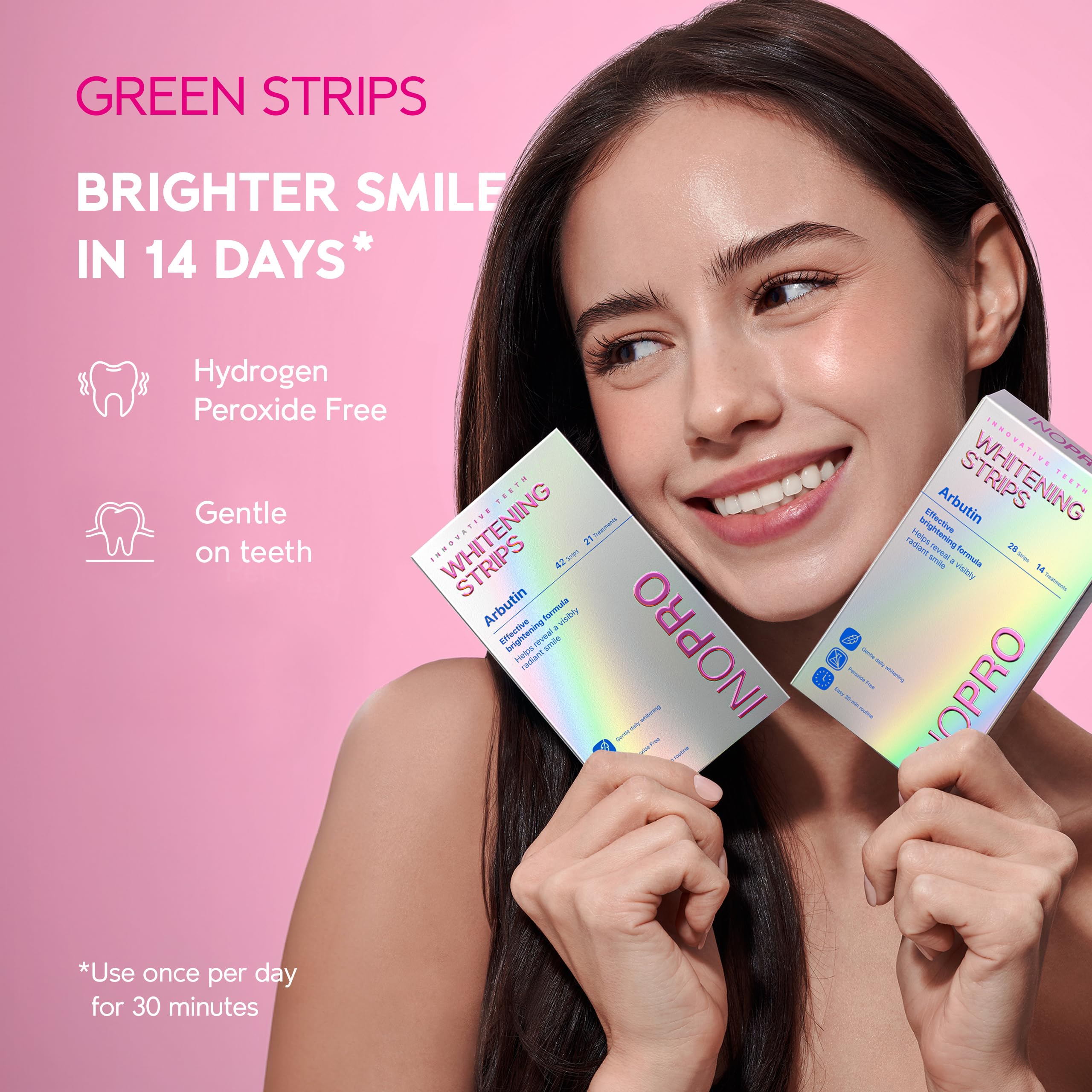 InoPro Green Teeth Whitening Strips - Peroxide Free - Deep Stains Removal - 14 Treatments, 28 Strips