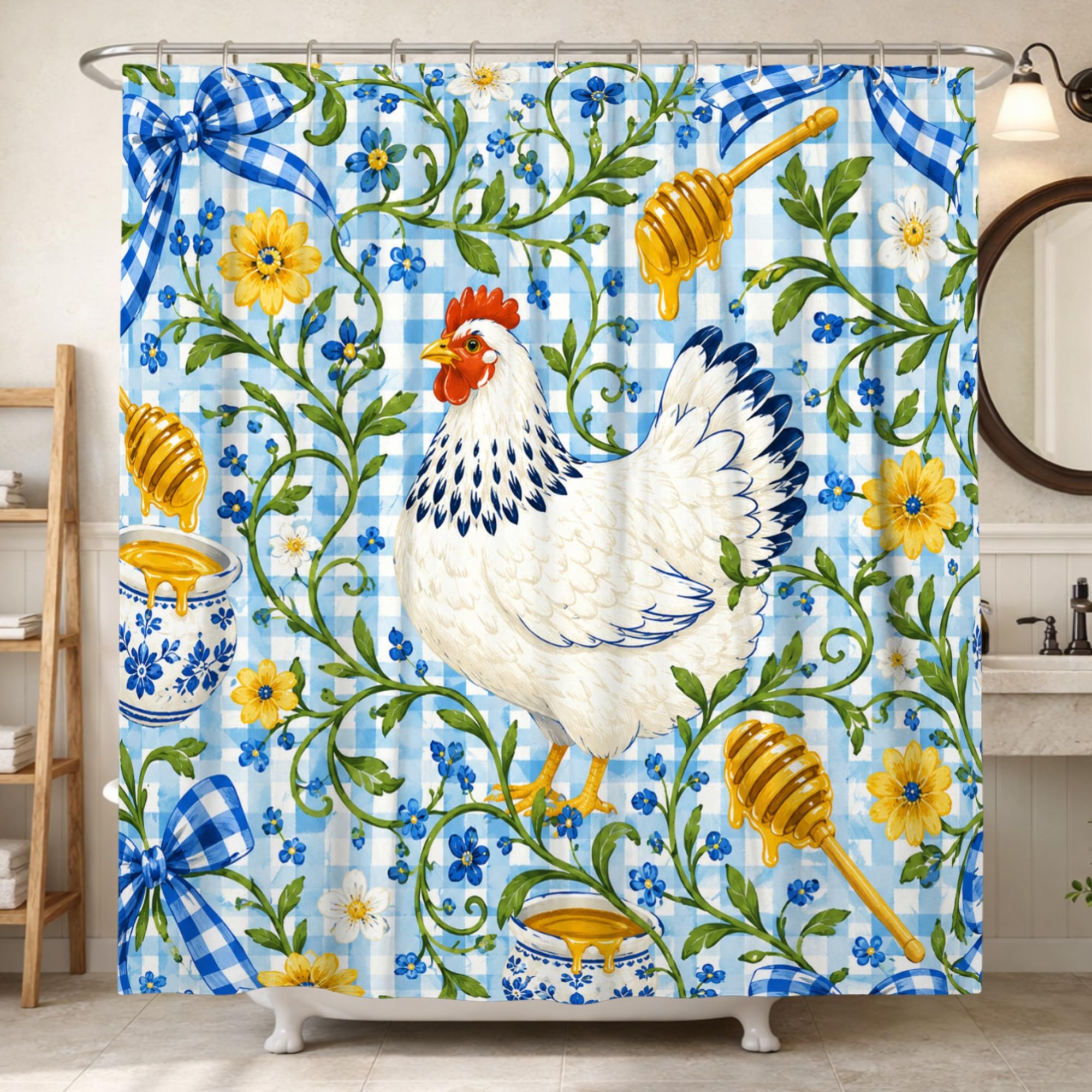 Rideau de douche imperméable à motif poulet rustique pour créer une ambiance de ferme dans votre bain