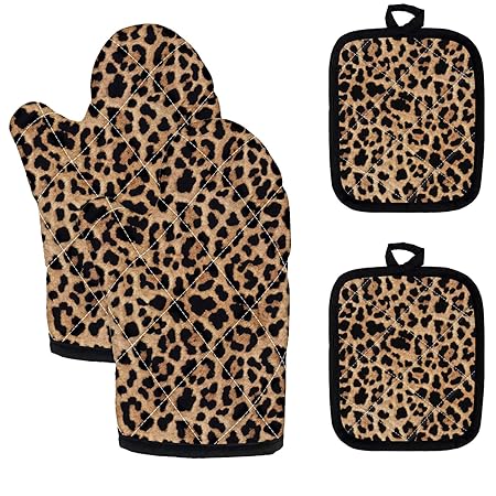 Jiueut 4 Pcs Brown Leopard Print Oven Mitts and Pot Holders Set,Heat Resistant Non-Slip Cheetah Kitchen Glove and Potholder for Cooking,Baking,Grilling