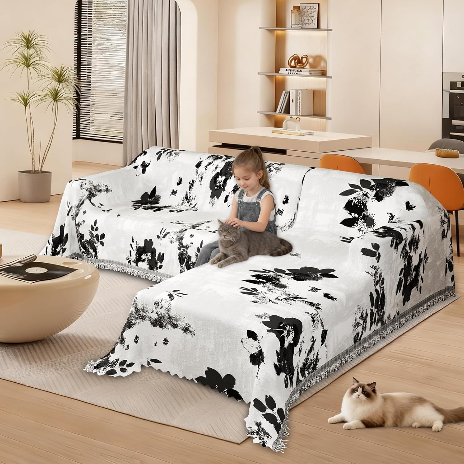 Sectional Couch Covers for Sectional Sofa 1OO% Waterproof L Shaped Couch Cover Blanket Dog Pet Friendly 2 pcs Chenille Washable L Shape Sofa Cover Protector (XX-Large, Black Flower)