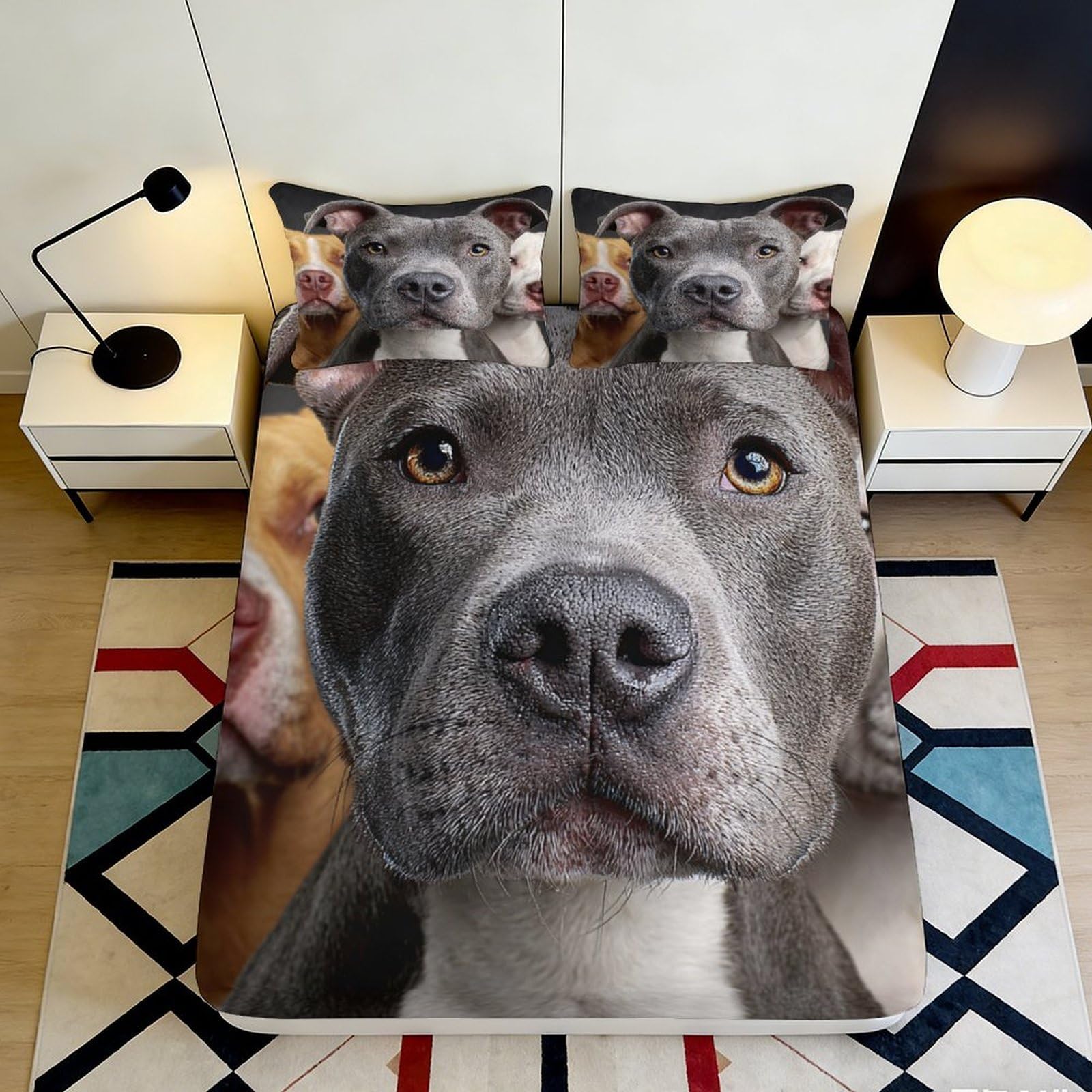 3D Printed Pitbull Dog Fitted Sheet Microfiber Soft Durable Grey Animal Print Bed Cover for Bedroom Dormitory Guest Room Mattress Protection Decor 140x200x25cm