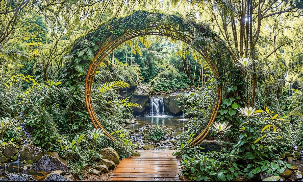 Sabrikas Let Your Creative Spirit Run Free Tropical Moon Gate Waterfall Garden Mural, Tapestry & Curtain Waterproof Outdoor Wall Hanging, Jungle Garden Wall Art & Exotic Fence Decor