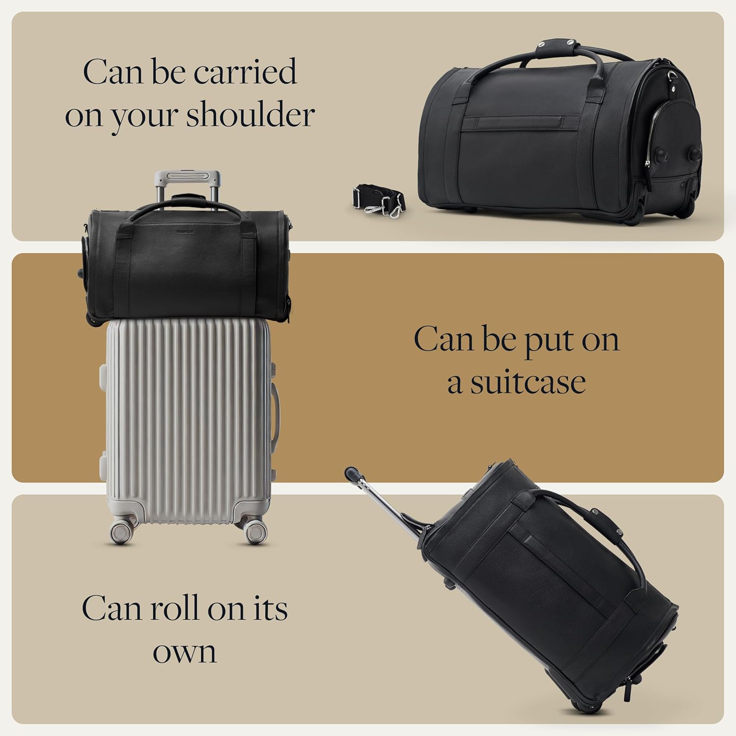 Wool & Oak - NOVA Large Duffle Bag with Wheels - Carry On Garment Duffle Bags for Travel, Overnight, Hospital, Travel Bags for Women & Men with Shoe Compartment, Tech Pocket (Leather, Jet Black) - Image 8