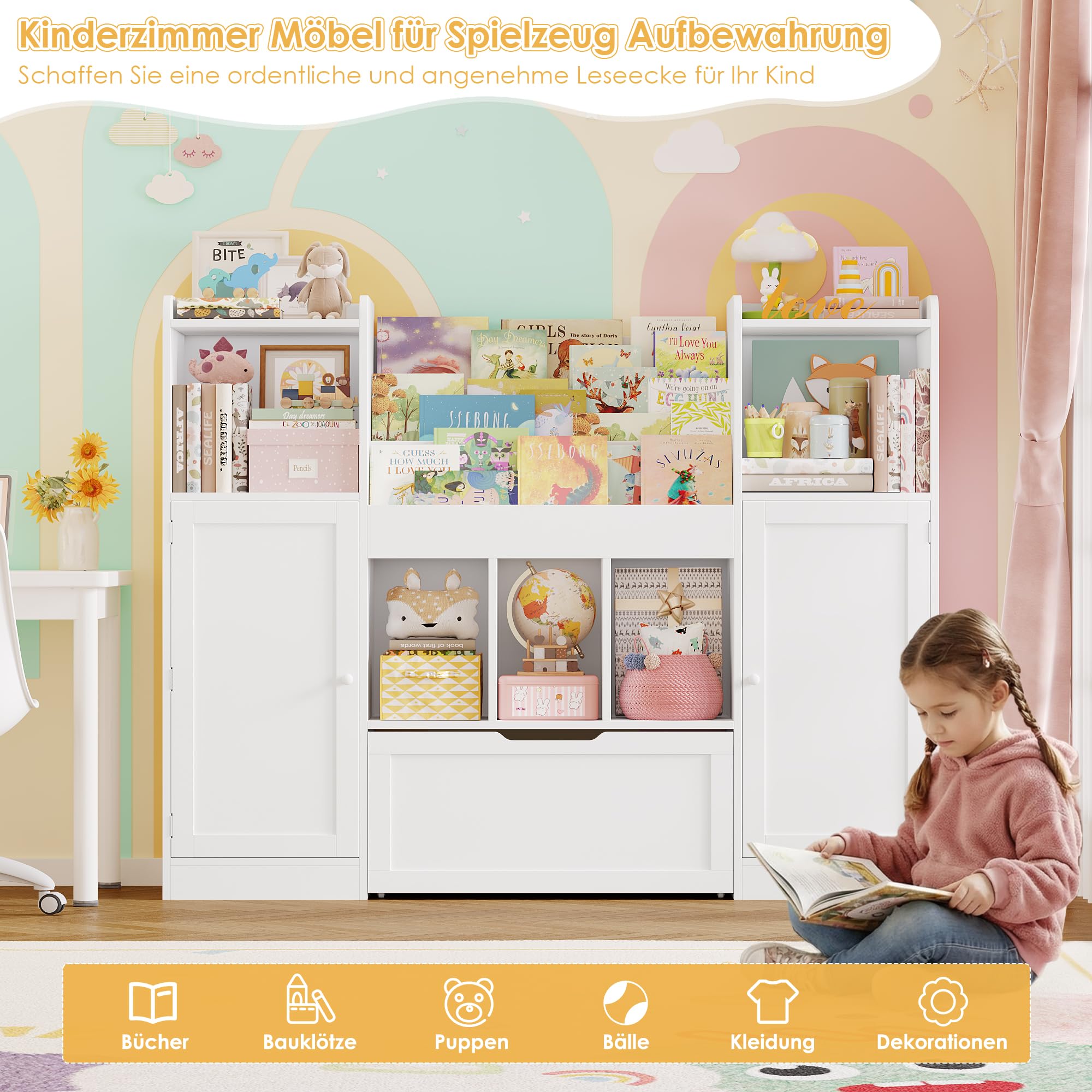 FOREHILL 140cm Breit Kinderregal, Kinderzimmer Möbel, Bücherregal Kinder | Kinderregal mit Boxen auf Rollen, Kindershrank mit 5 Einlegeböden, Spielzeugregal für Kindergarten, 140x108x30cm Weiß