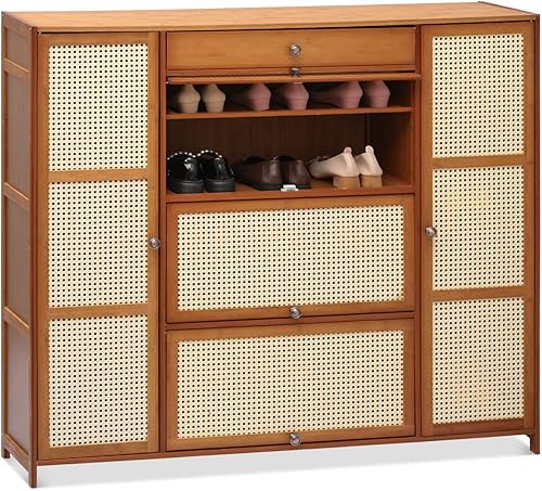 MoNiBloom Zapatero de ratán con 3 cajones con patrón de ratán independiente, estante de almacenamiento con puertas abatibles y cajón para 28-32