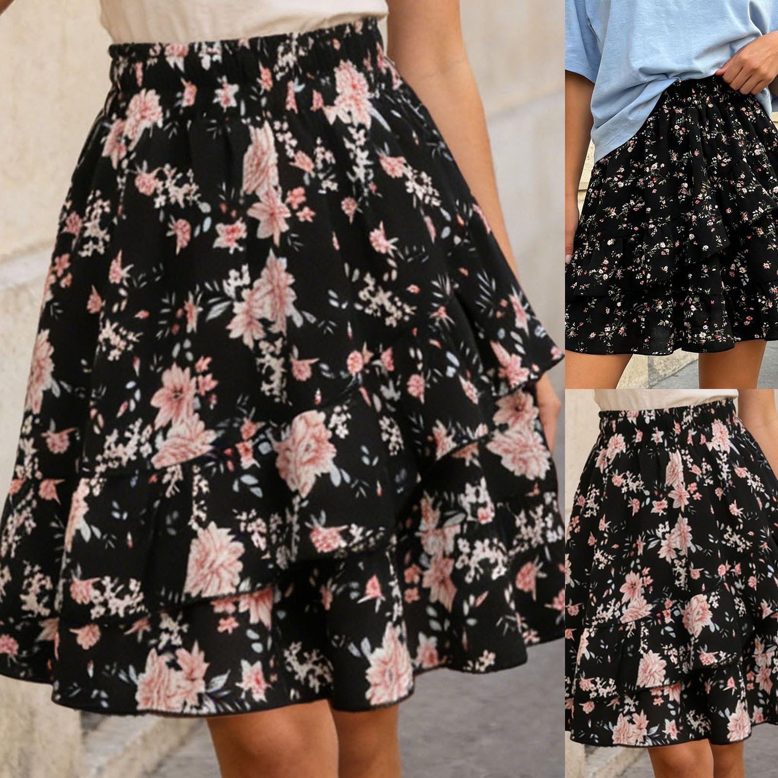 Jupe Boheme Femme Taille Élastique- Jupe Ete Imprimé Florale Évasé Volants Superposés Trapèze Chic Et Elegant Décontracté D'été Fluide Léger Comfortable Tous Les Jours De Plage Skirt