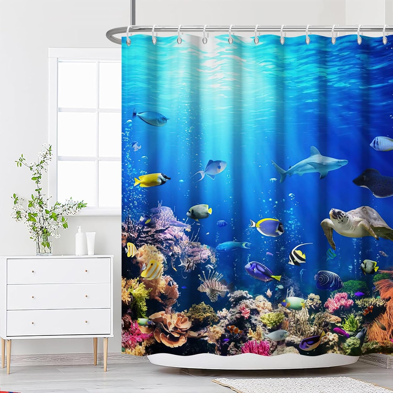 Renaiss 72x72 Inches Underwater World Shower Curtain Blue Ocean Colorful Tropical Fishes Turtle Coral Sea Animal in The Deep Fabric Shower Curtains for Bathroom Decor Waterproof with Hooks image 2