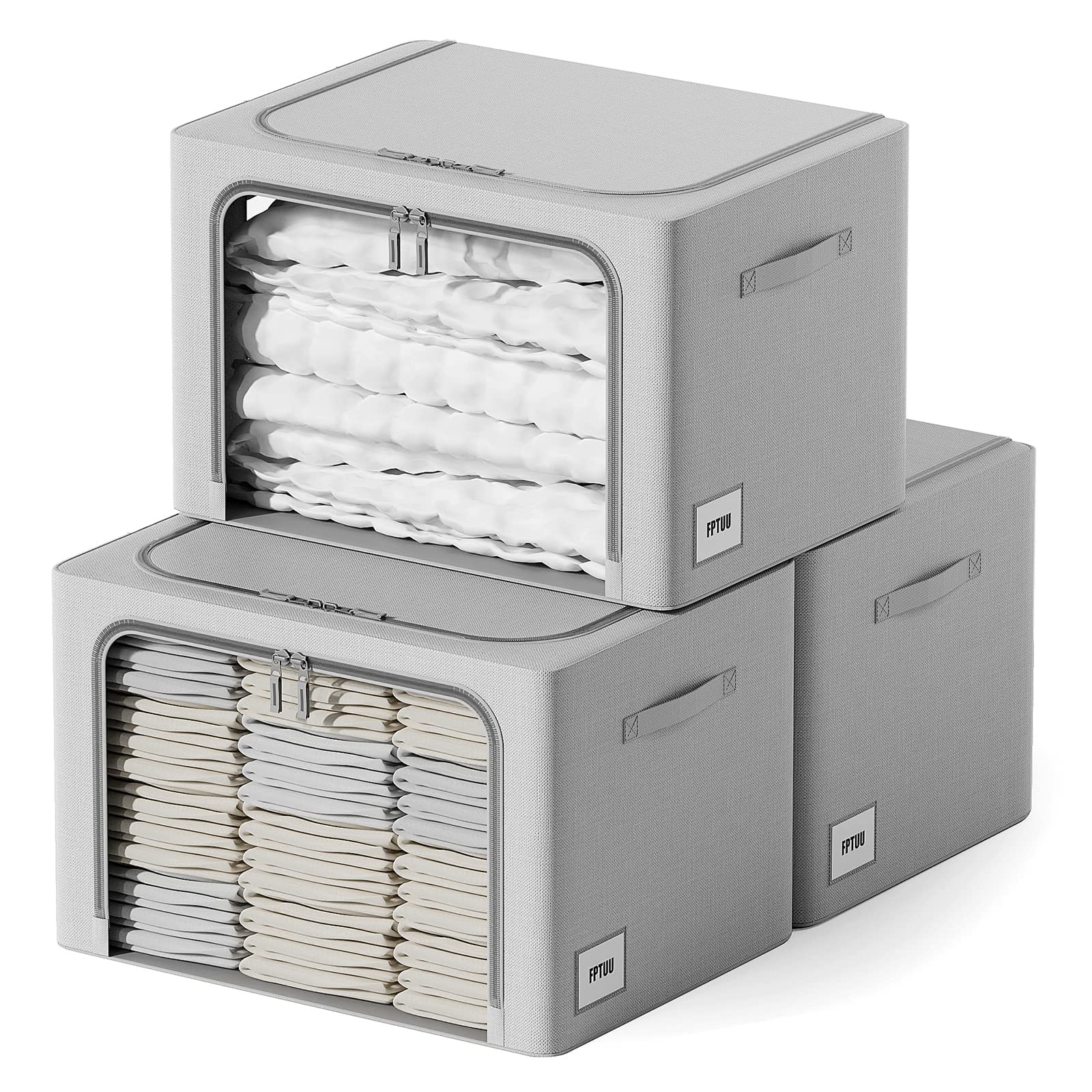 Photo 1 of 3 Pack Clothes Storage Box - Foldable Stackable Fabric Organizer for Clothing Metal Frame Storage Bins Box with Sturdy Handles and Large Clear Window (66L, Grey) 66L Grey