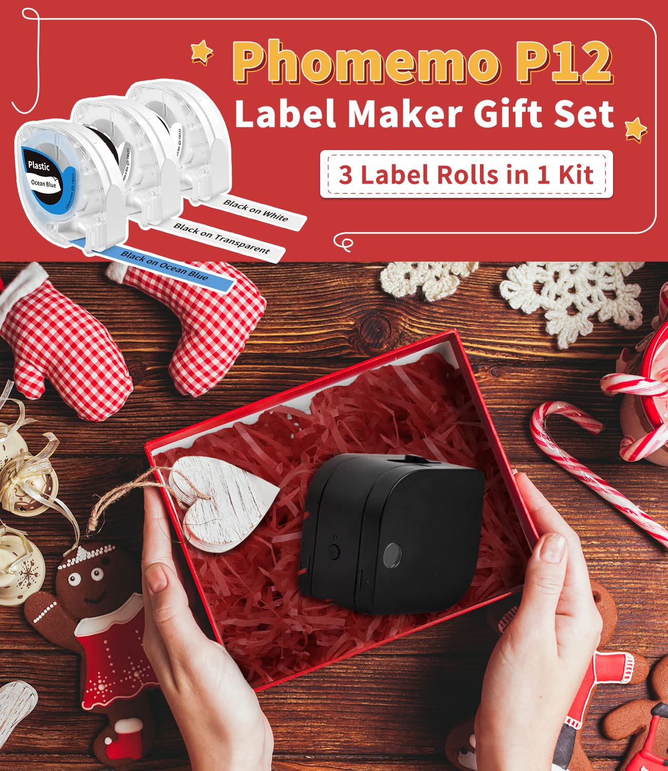Phomemo P12 mini drukarka do etykiet Bluetooth, zestaw 3 rolek różnokolorowych etykiet, termoprzylepna, drukarka etykiet do domu, biura, drukarki etykiet do urządzeń iOS i Android