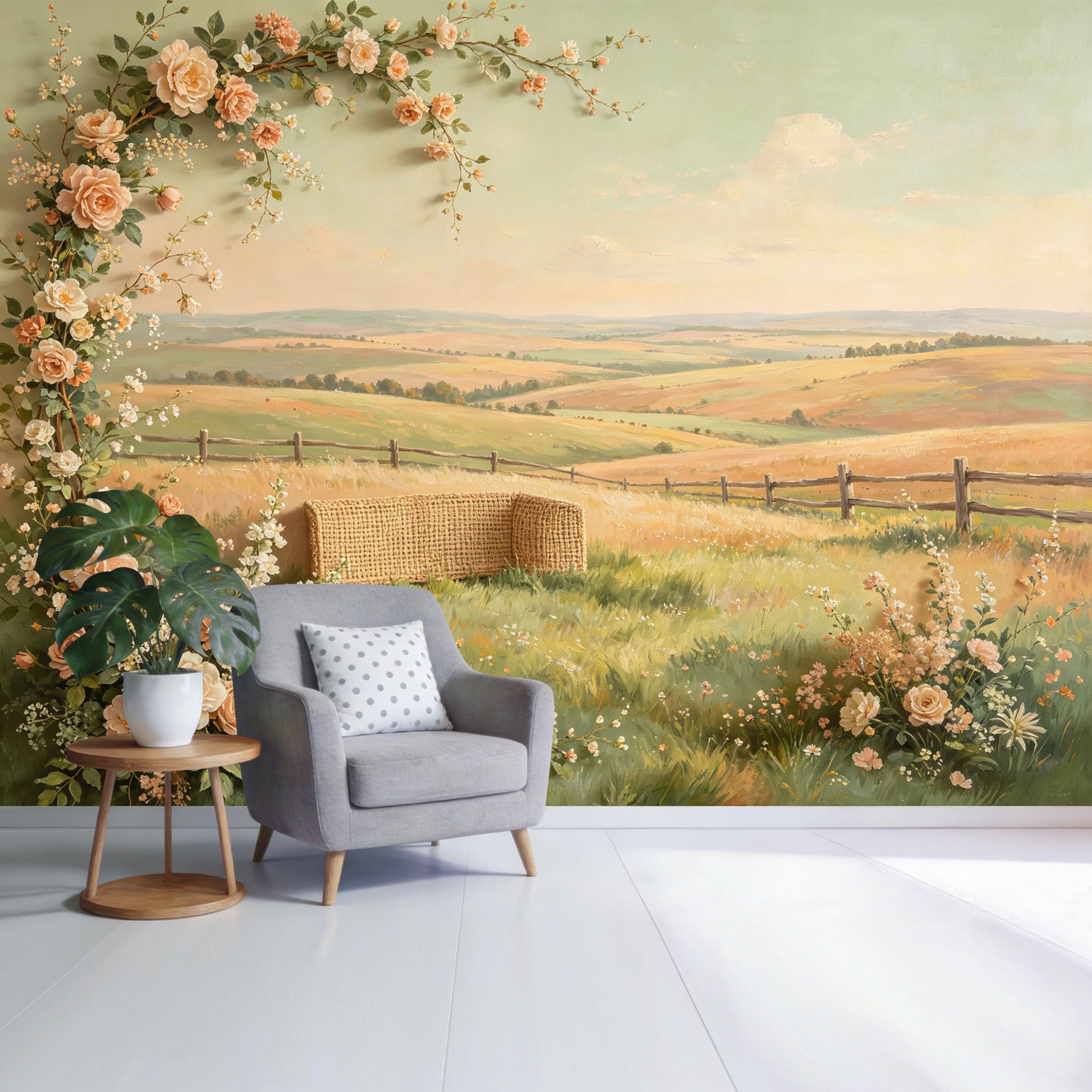 Custom Size Wall Mural Farmhouse Countryside Landscape Pastel Floral Meadow View Oil Painting Style SelfAdhesive Wall Fabric Removable Wallpaper for Home Office Decor
