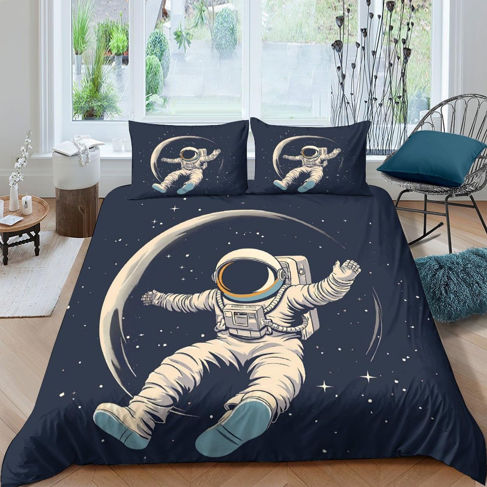 Ctjqhvkz Style-1 3D Printed Astronaut Space Fitted Sheet Microfiber Navy Blue Moon Mattress Cover For Bedroom Dorm Easy Care Decorative Bedding Single（135X200cm）
