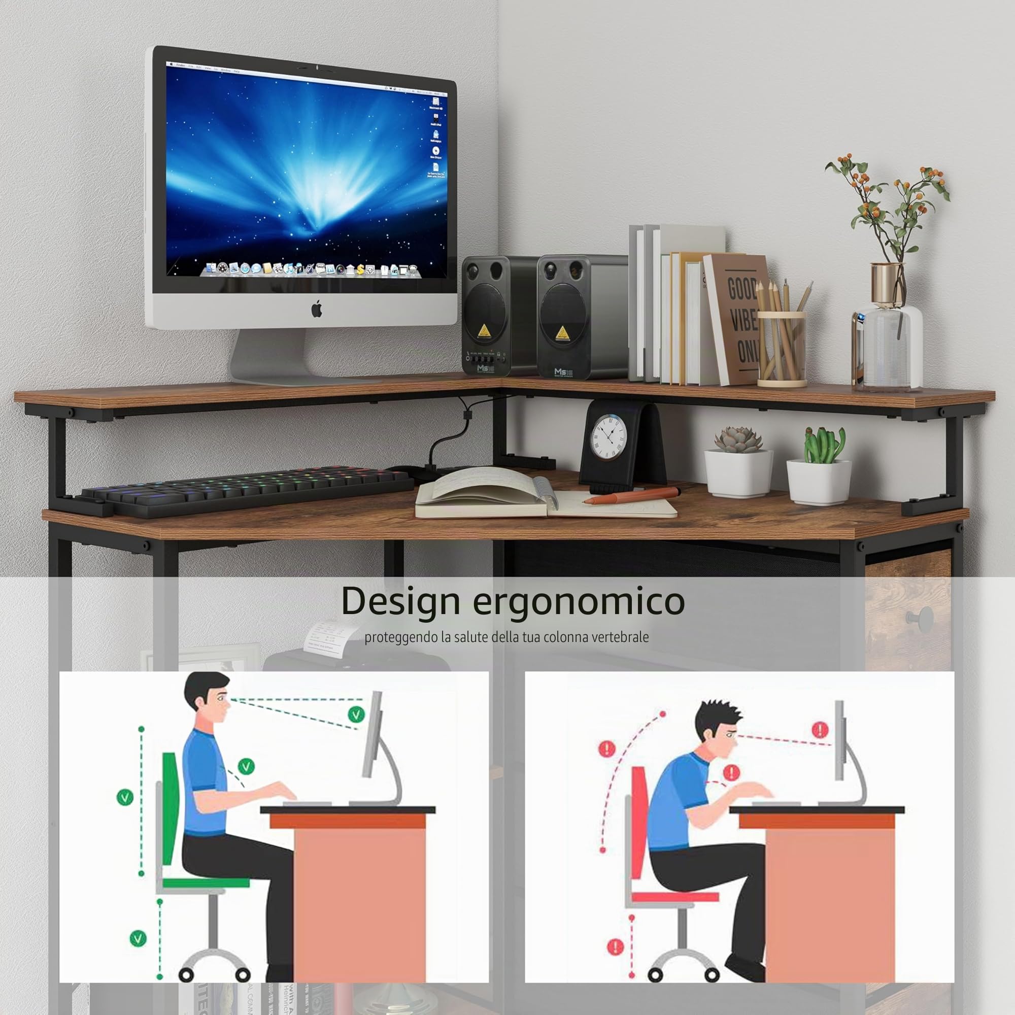 Tohomeor Scrivania angolare con 4 cassetti in tessuto, scrivania con cassetti, tavolo da gioco, scrivania per computer, ufficio, studio, camera da letto (marrone)