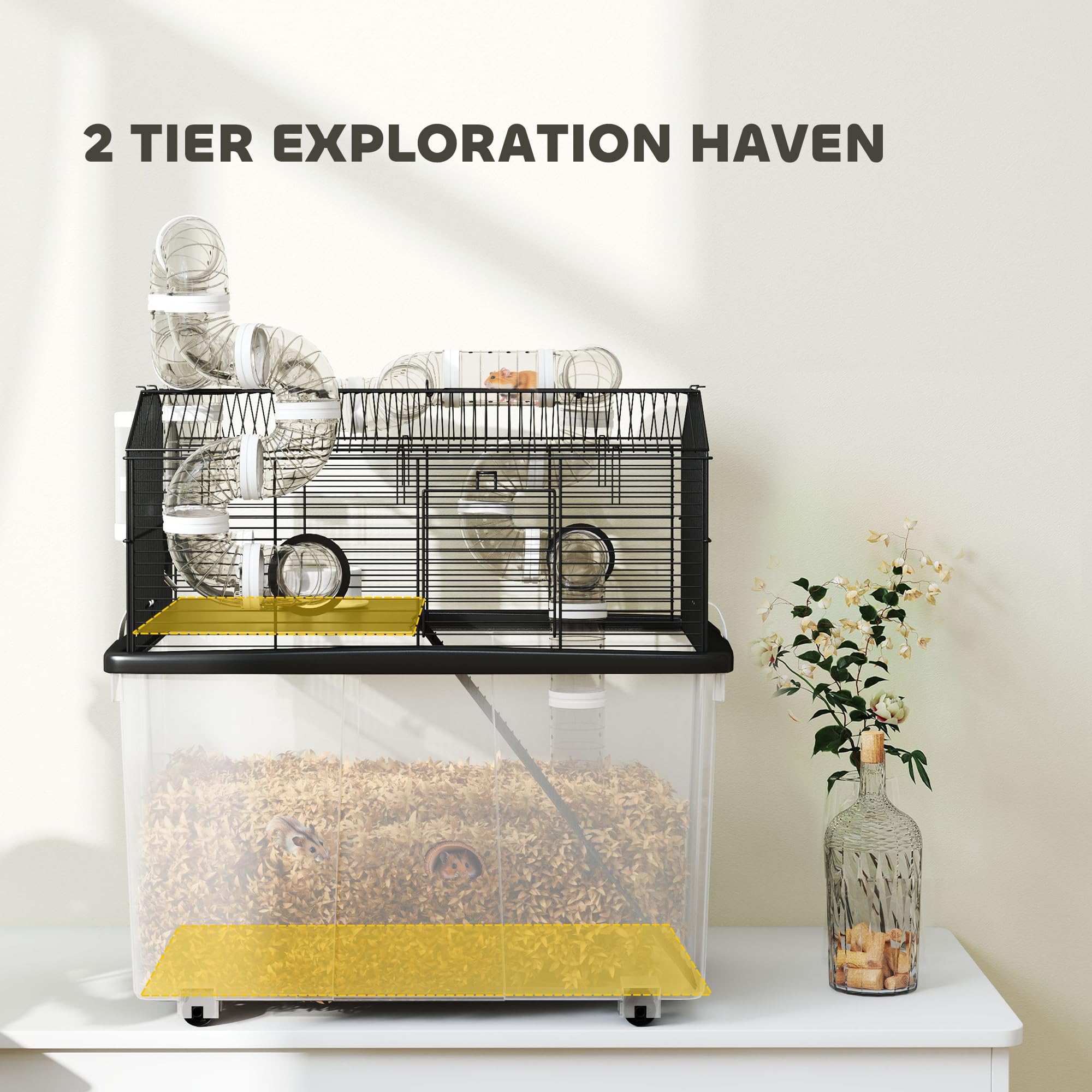 PawHut Large Hamster Cage with 12" Deep Tray, 2 Tier Gerbil Cage with Tube System, Water Bottle, Ramp, Feeding Bowl, 23" x 17" x 22", Black