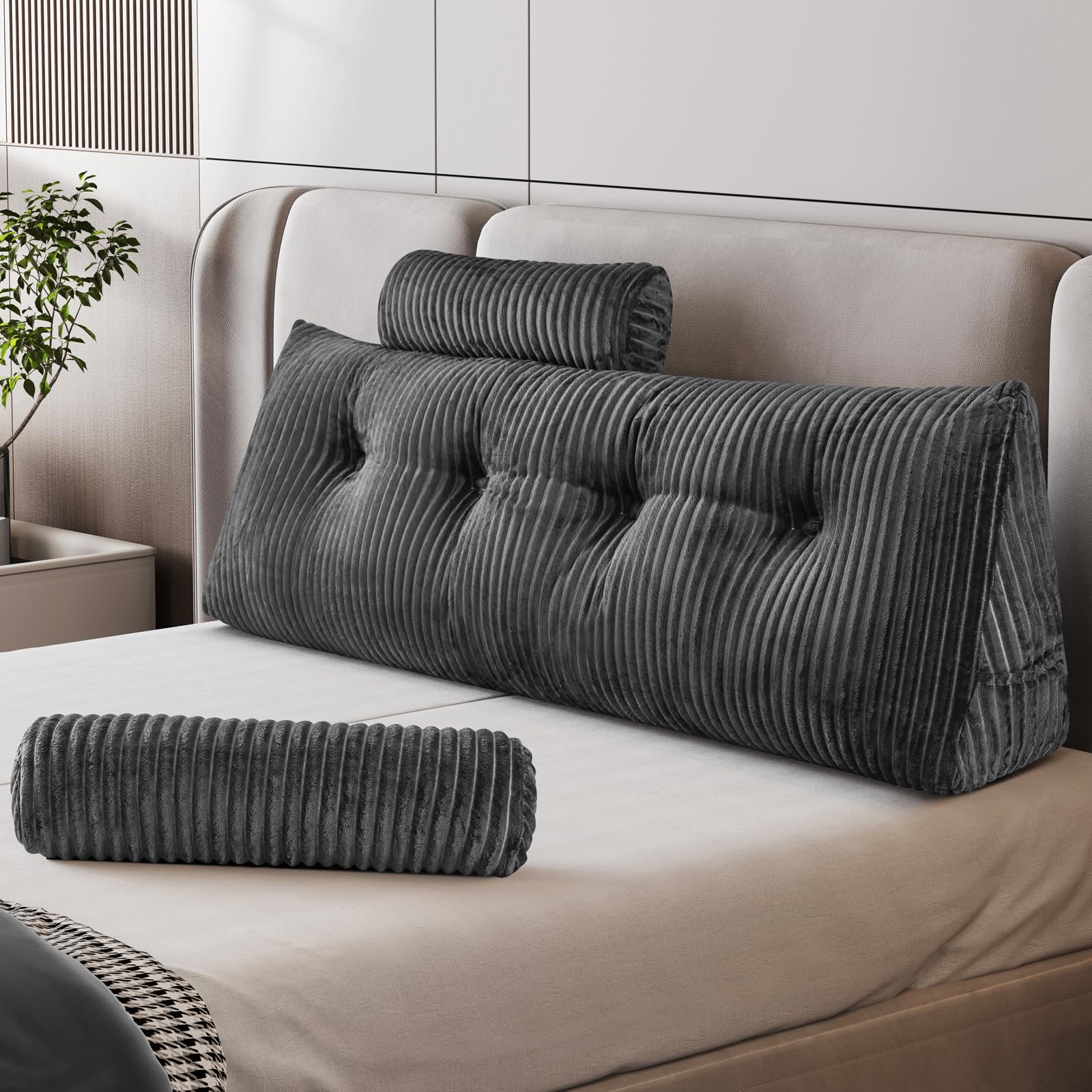 Z-hom Bücherkissen, Keilkissen, Lesekissen Für Bett Und Sofa, Cozy Rückenkissen, Praktisches Seitenfach, Removable Cover, Mit Rundem Kopfkissen (Grau, 120 * 50 * 20cm)