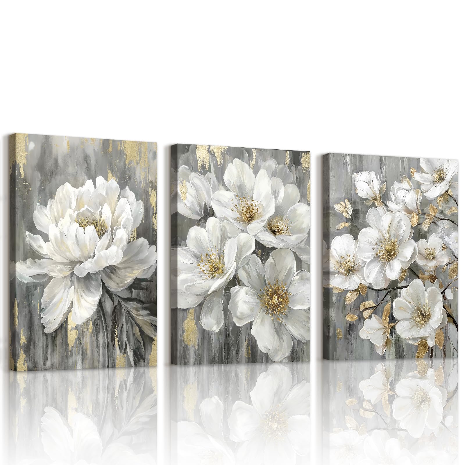 Tableau deco salon moderne triptyque fleurs vintage gris et or - 8