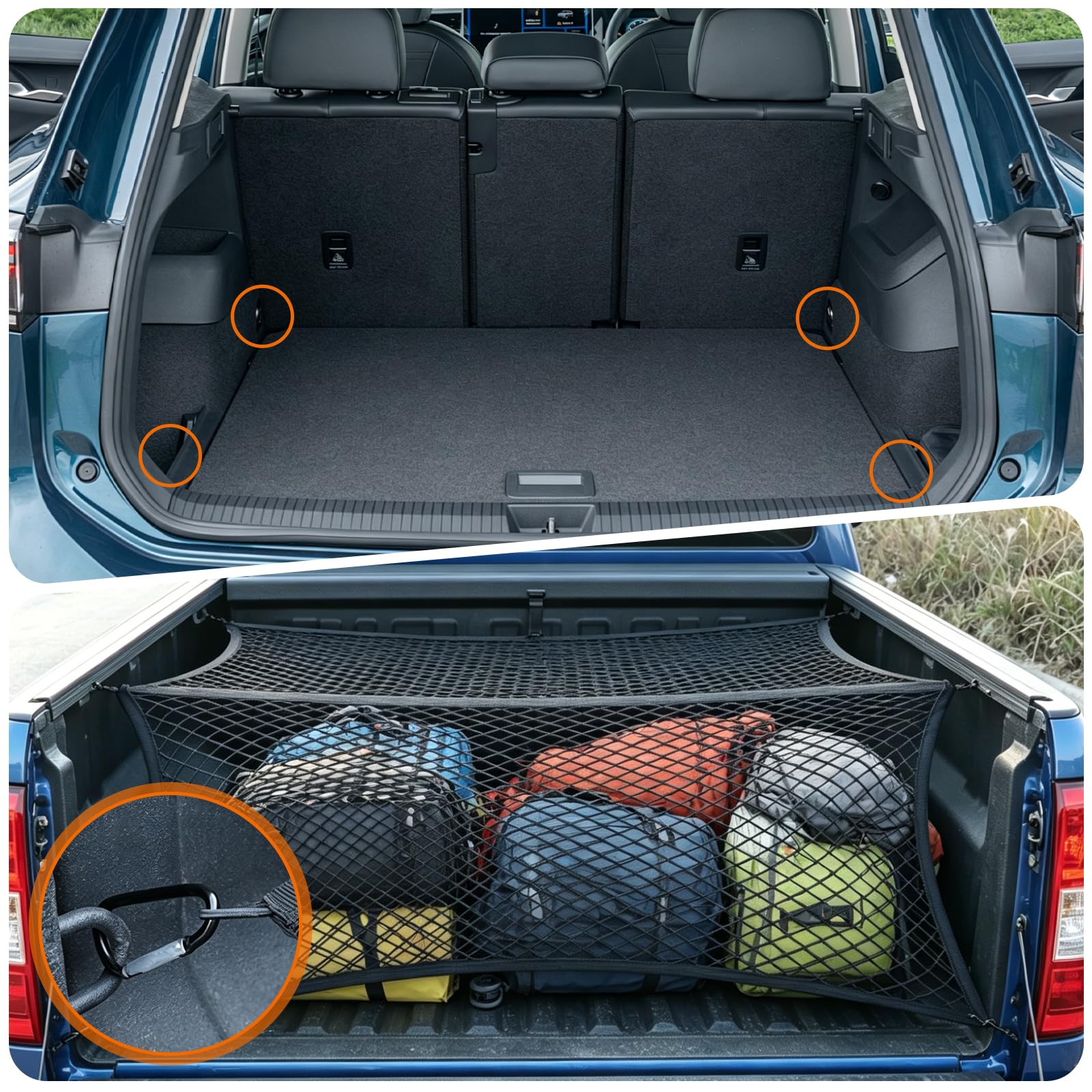 efuturetime Gepäcknetz Hochelastisches Frachtnetz Einlagig, 120 x 120 cm dehnbar bis 210 x 210 cm, Ladungssicherungsnetz mit 8 Metallhaken für LKW, Auto, Wohnmobil