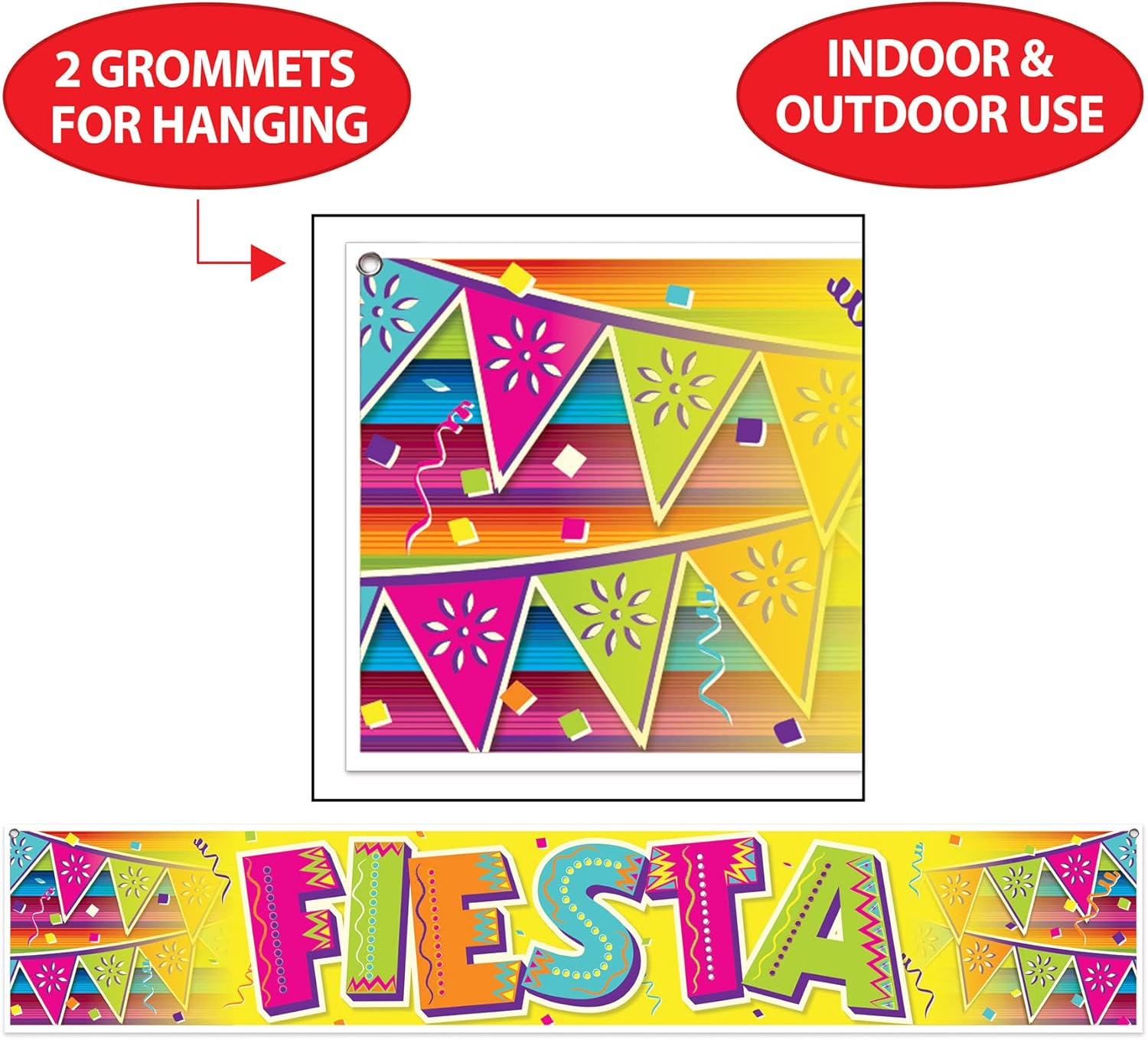 Beistle Fiesta Banner – Large Plastic Hanging All-Weather Party Banner with Bold Colors and Grommets for Mexican Celebrations, Carnivals, Restaurants and Cinco de Mayo, 12” x 5’