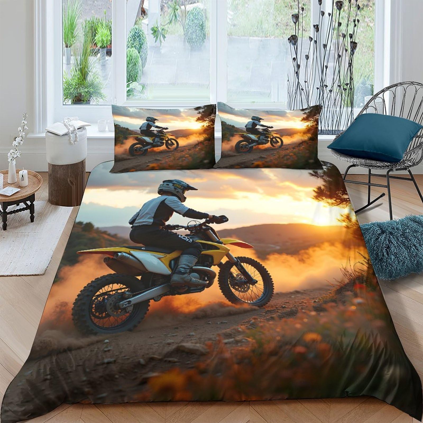 Ctjqhvkz Style-4 3D Printed Sunset Motocross Fitted Sheet Microfiber Soft Breathable Dirt Bike Bed Cover For Bedroom Guest Room Single（135X200cm）