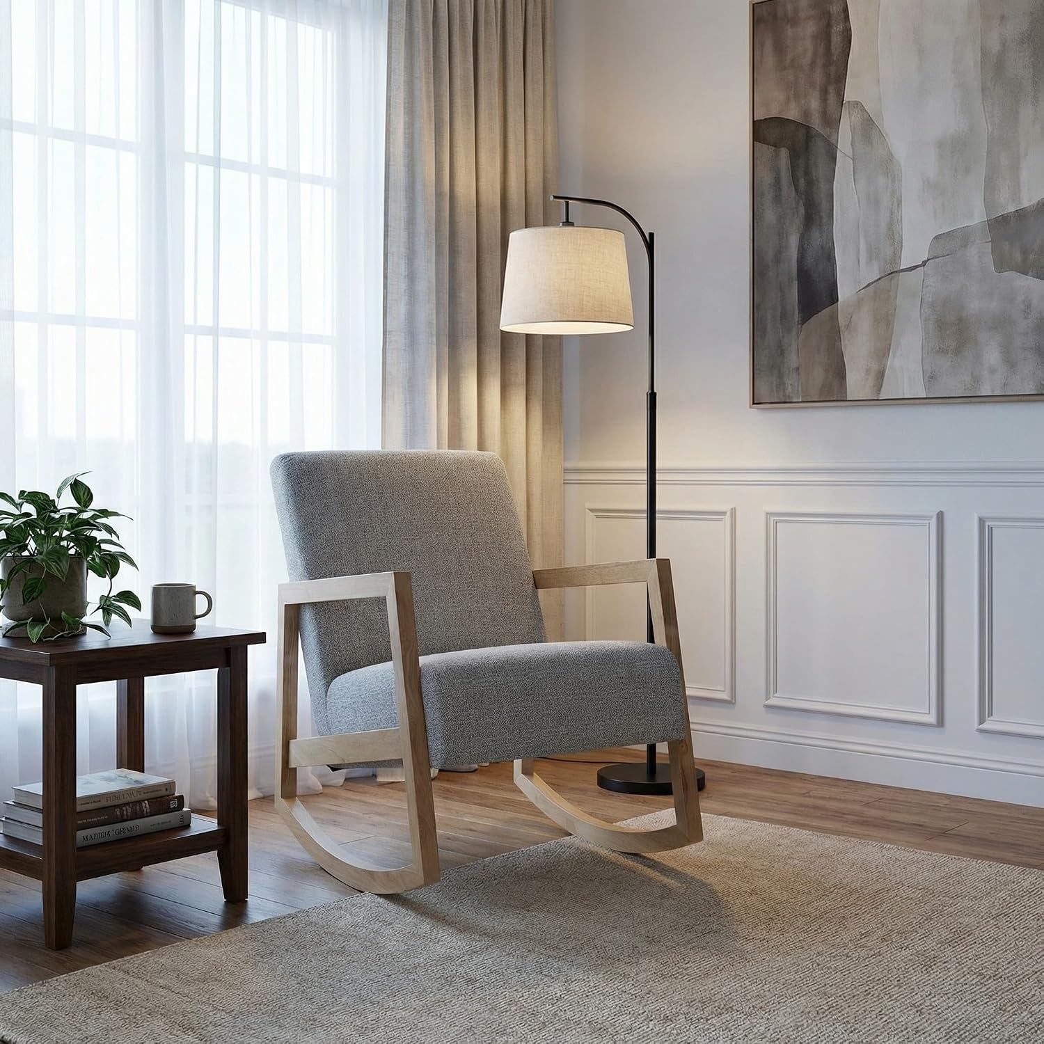 Signature Design by Ashley Wychworth Accent Rocking Chair, Gray/Natural | 100% polyester Next-Gen Nuvella performance fabric, Stain resistant, Engineered wood and wood frame, Gentle rocking motion