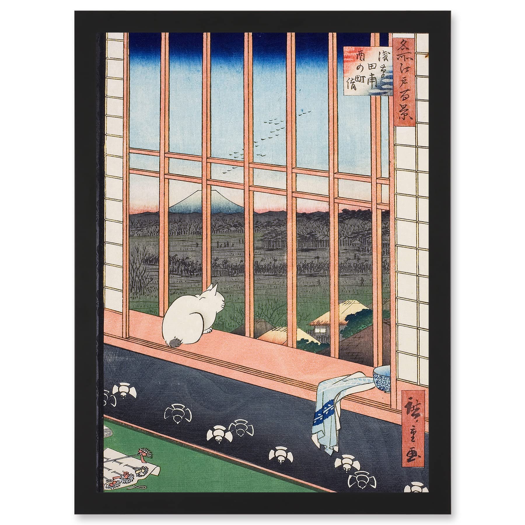 Artery8 Hiroshige Asakusa Fields 100 Views Edo Cat Vintage Japanese Painting Artwork Framed Wall Art Print A4