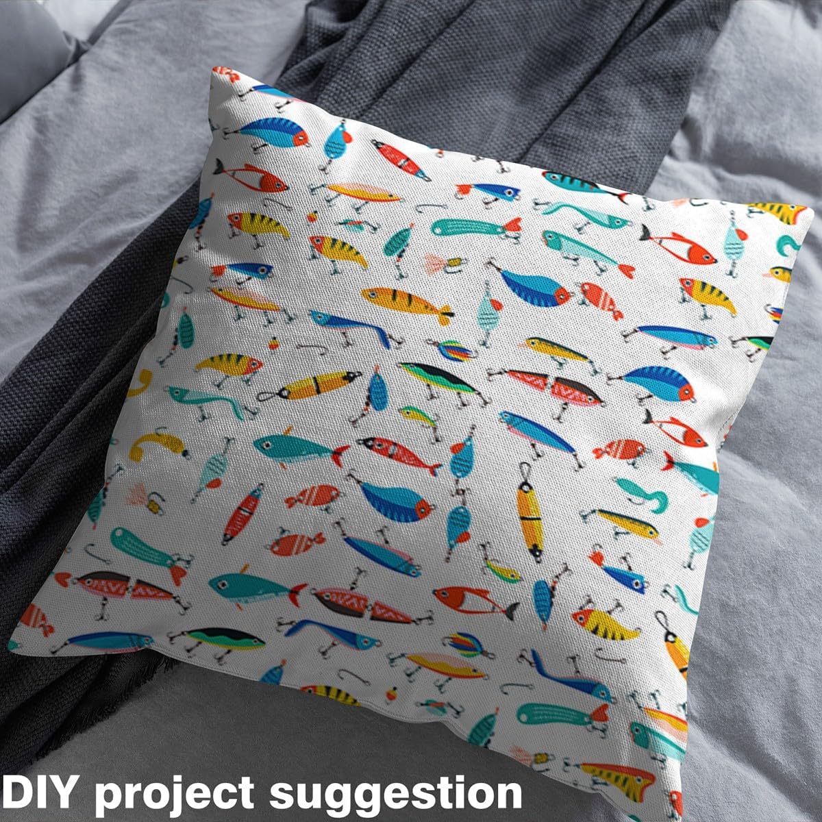 Feelyou Fish Bait Upholstery Fabric for Chairs, Colorful Fishing Hooks Fabric by The Yard, Fishing Lure Decorative Fabric for Upholstery and Home DIY Projects, 1 Yard