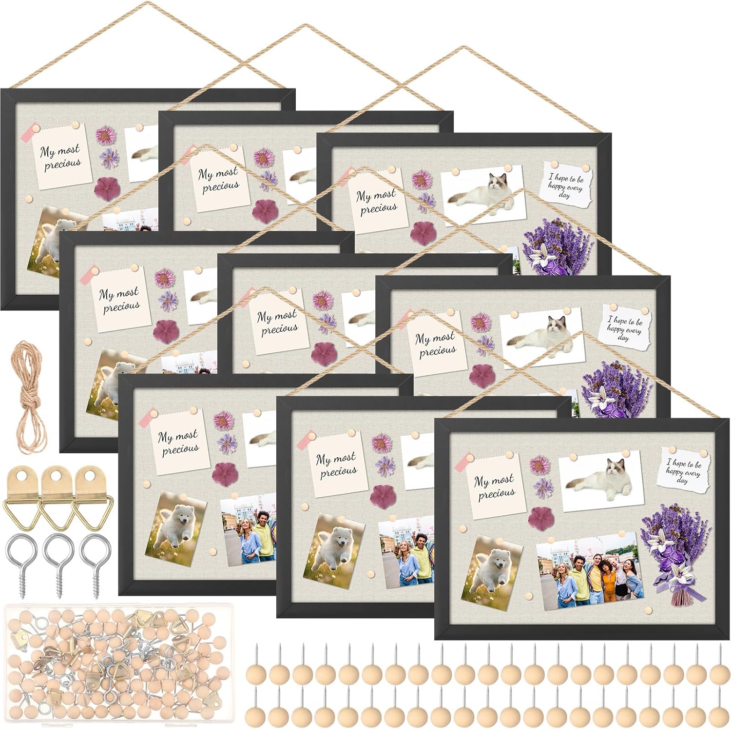 Teling 9 Pack Wood Bulletin Boards with Linen 12''x 16'' Cork Board for Walls with 90 Pushpin Decorative Wood Framed Display for School Office Home Decor (Black)