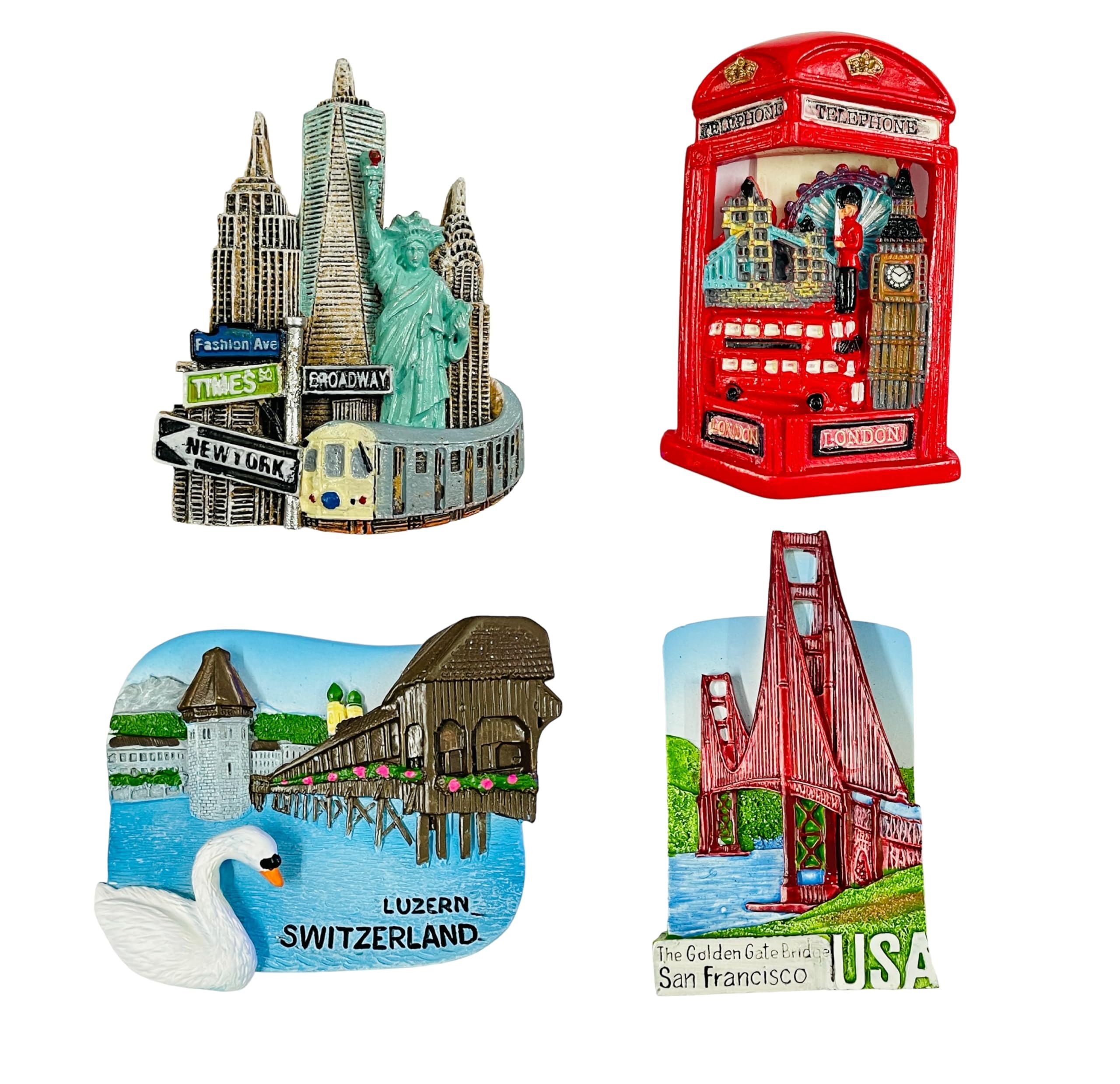 Travel Theme Different Countries 3D Resin Fridge Magnets Pack of 4-London, New York, USA & Switzerland