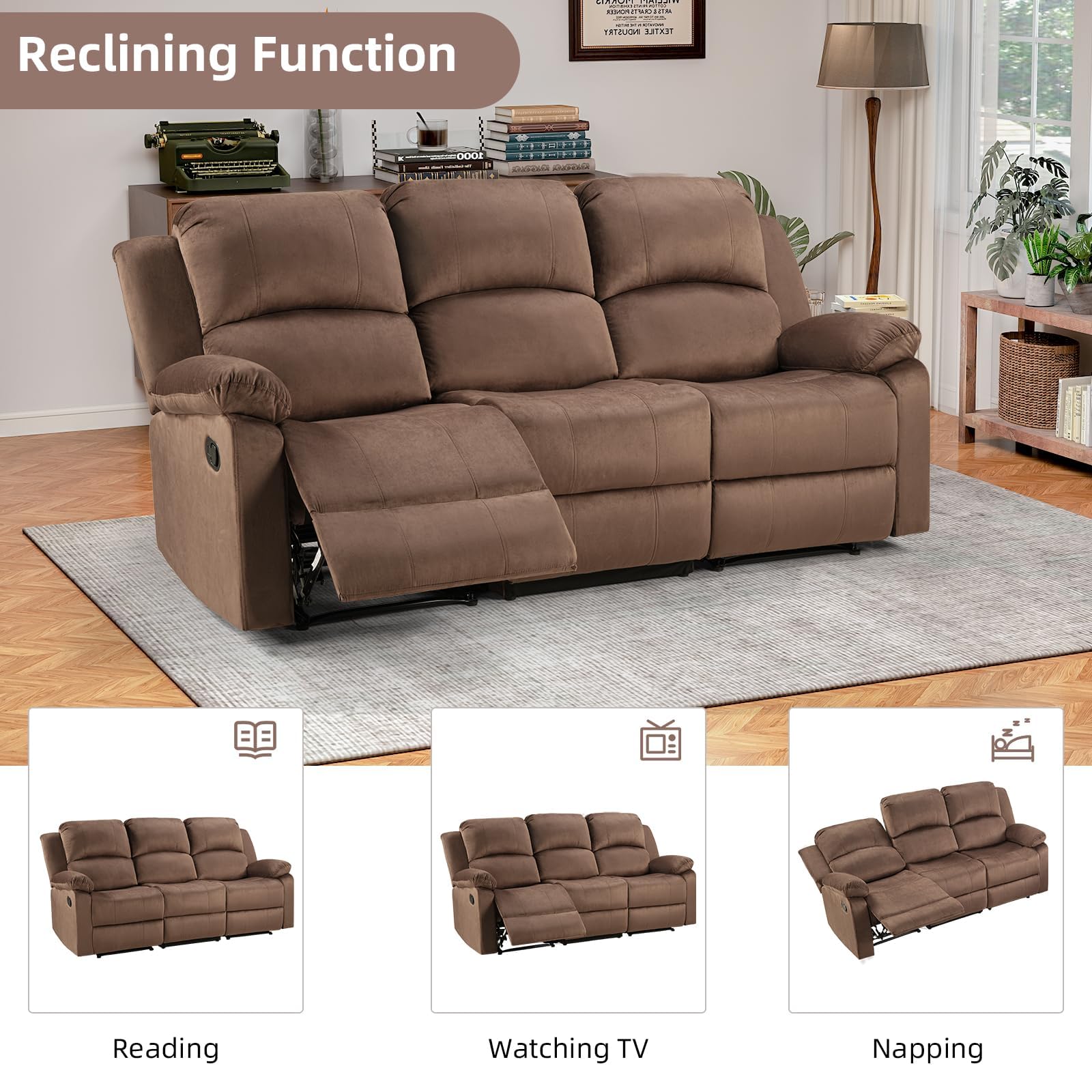 EBELLO Manual Recliner Sofa Set, Modern Microfiber Reclining Couch Furniture Set for Living Room, Includes 1 Recliner Chair and 2 3-Seater Reclining Couch for Home Theater and Office, Brown view 4
