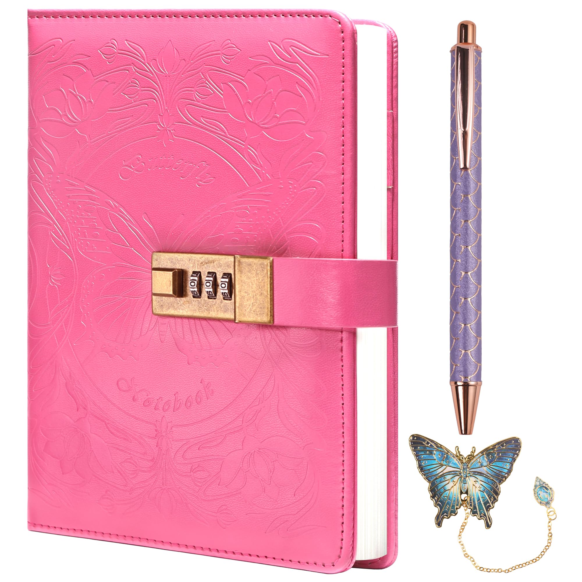 Diario Con Cerradura Para Mujeres Y Niñas - Cuaderno A5 Rayado, 222 Páginas, Mariposa, Bolígrafo Incluido