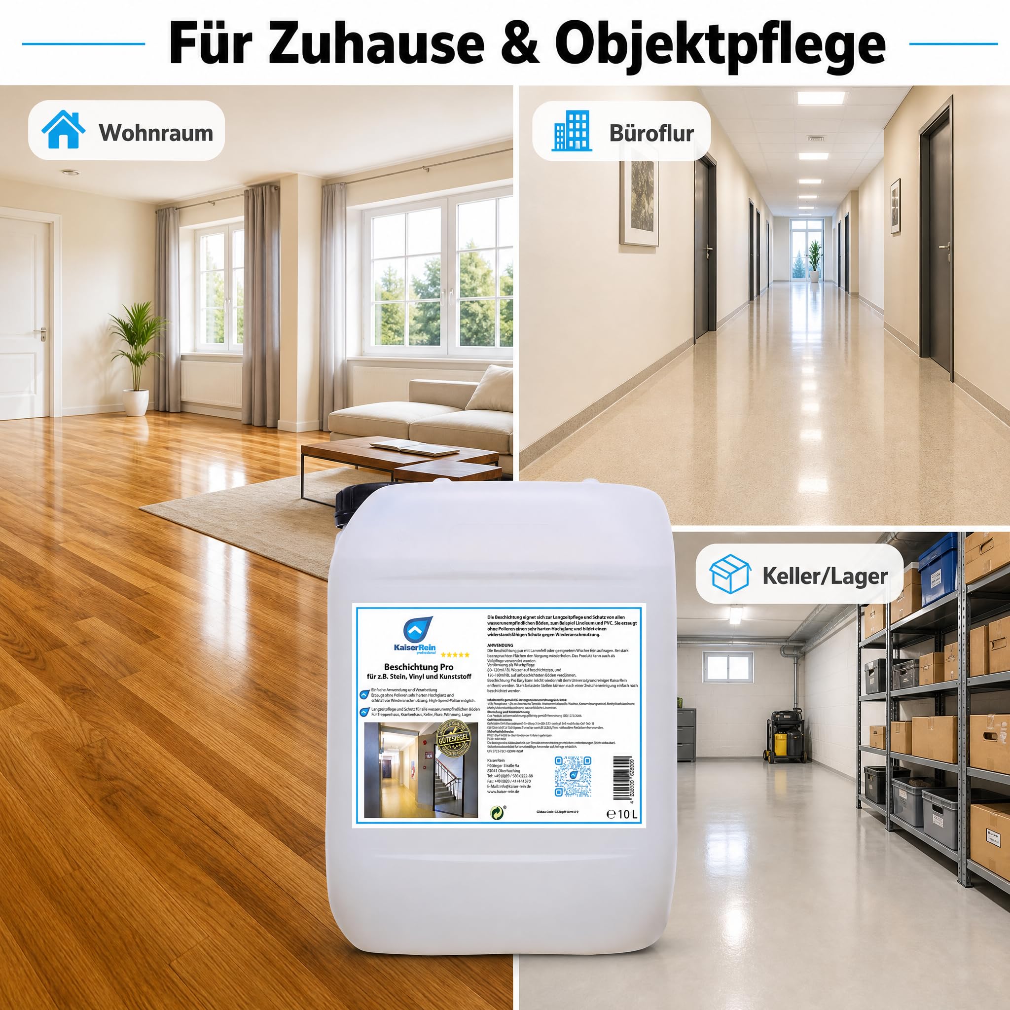 KaiserRein Bodenbeschichtung Beschichtung Pro Easy, Bodenversiegelung für wasserunempfindliche Böden, Hochglanz ohne Polieren, für Vinyl, PVC, Linoleum, Stein & Kunststoff, 10 L