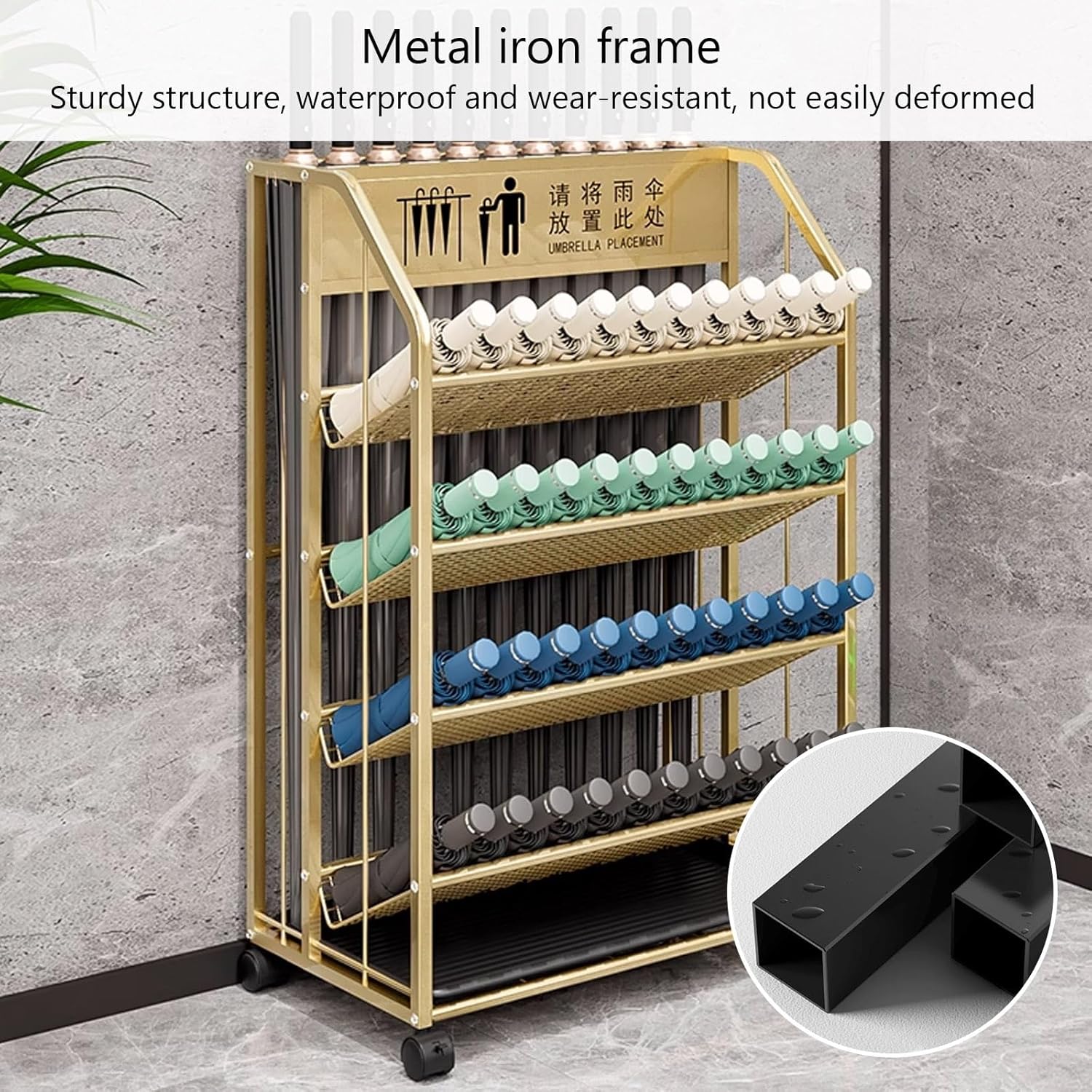 with Removable Drip Tray, Large Capacity Storage Rack on Wheels for Offices, Schools, Shopping Malls, and Hotel Lobbies