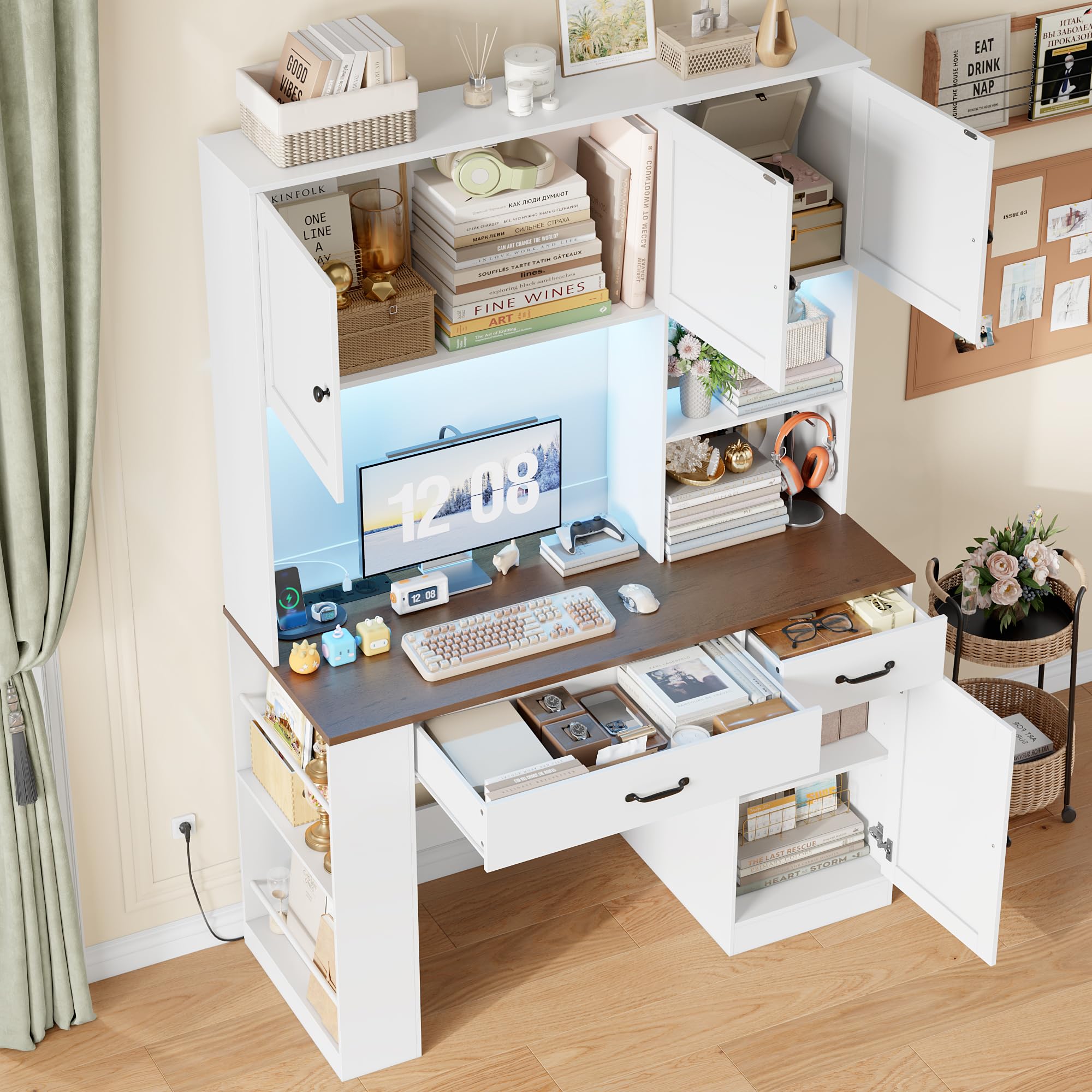 FirFurd 180cm Scrivania con Cassetti, Scrivania Gaming con Luci a LED e Prese, Scrivanie con 3 Ante, con Libreria a 2 Ripiani, Ripiani Regolabile, per Studio, Ufficio, Cameretta, 120x50x180cm, Bianco