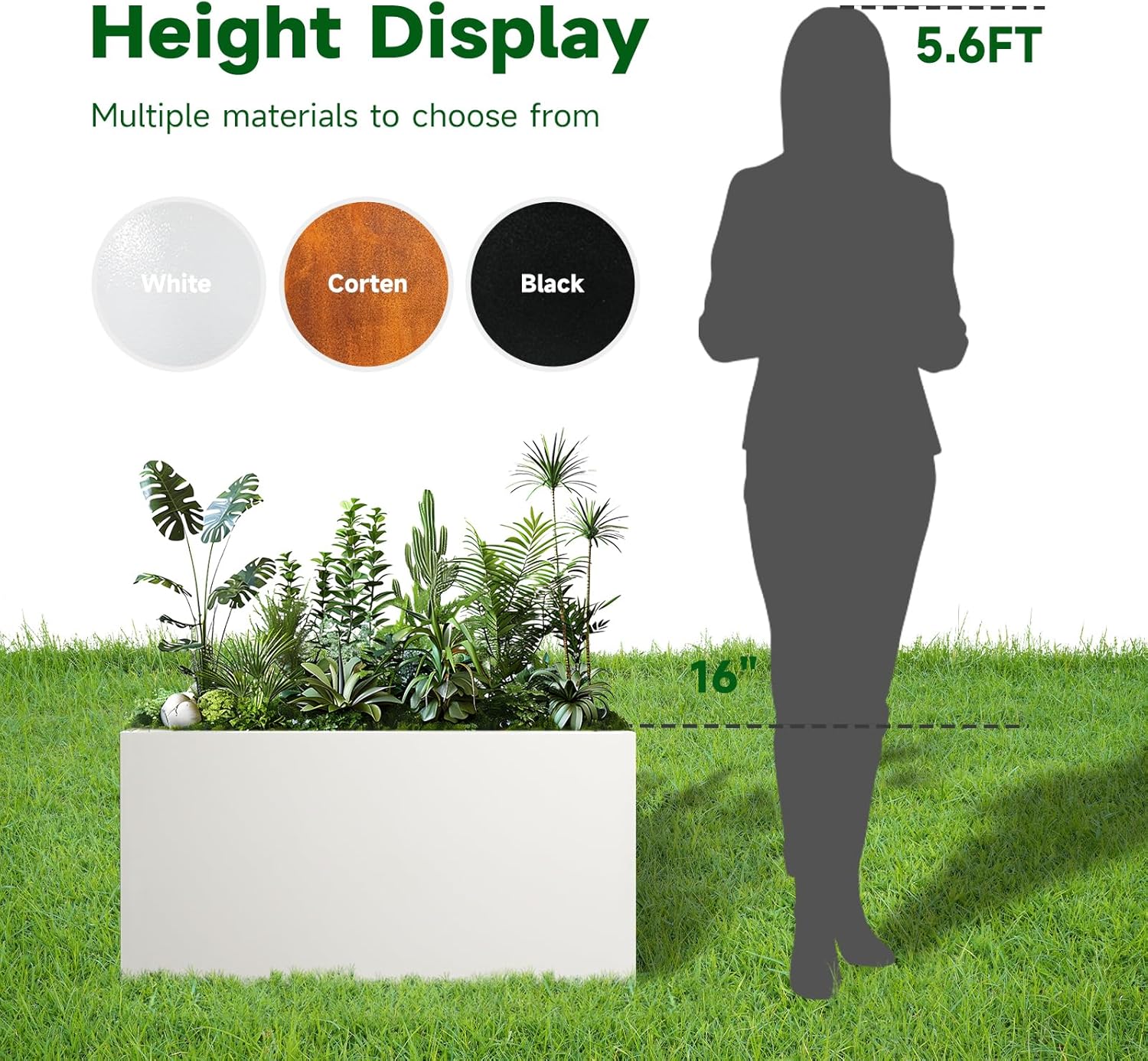 Galvanized Steel Garden Planter 36” x 12” x 16” White Metal Planter Box Modern Metallic Heavy Planter Indoor & Outdoor, Commercial & Residential (White, L36 x W12 x D16)