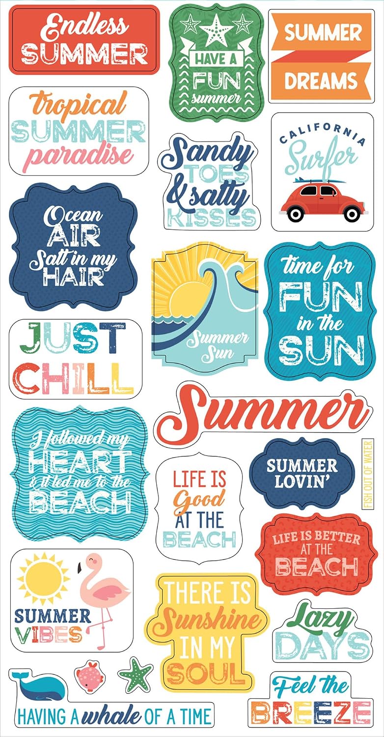 Summer Scrapbook Stickers - Phrases Chipboard, Beach Scrapbooking Stickers with Palm Tree, Starfish Design - Scrapbook Summer Embellishment Set for Vacation Planner, Photo Album, Travel Diary - 2 Item