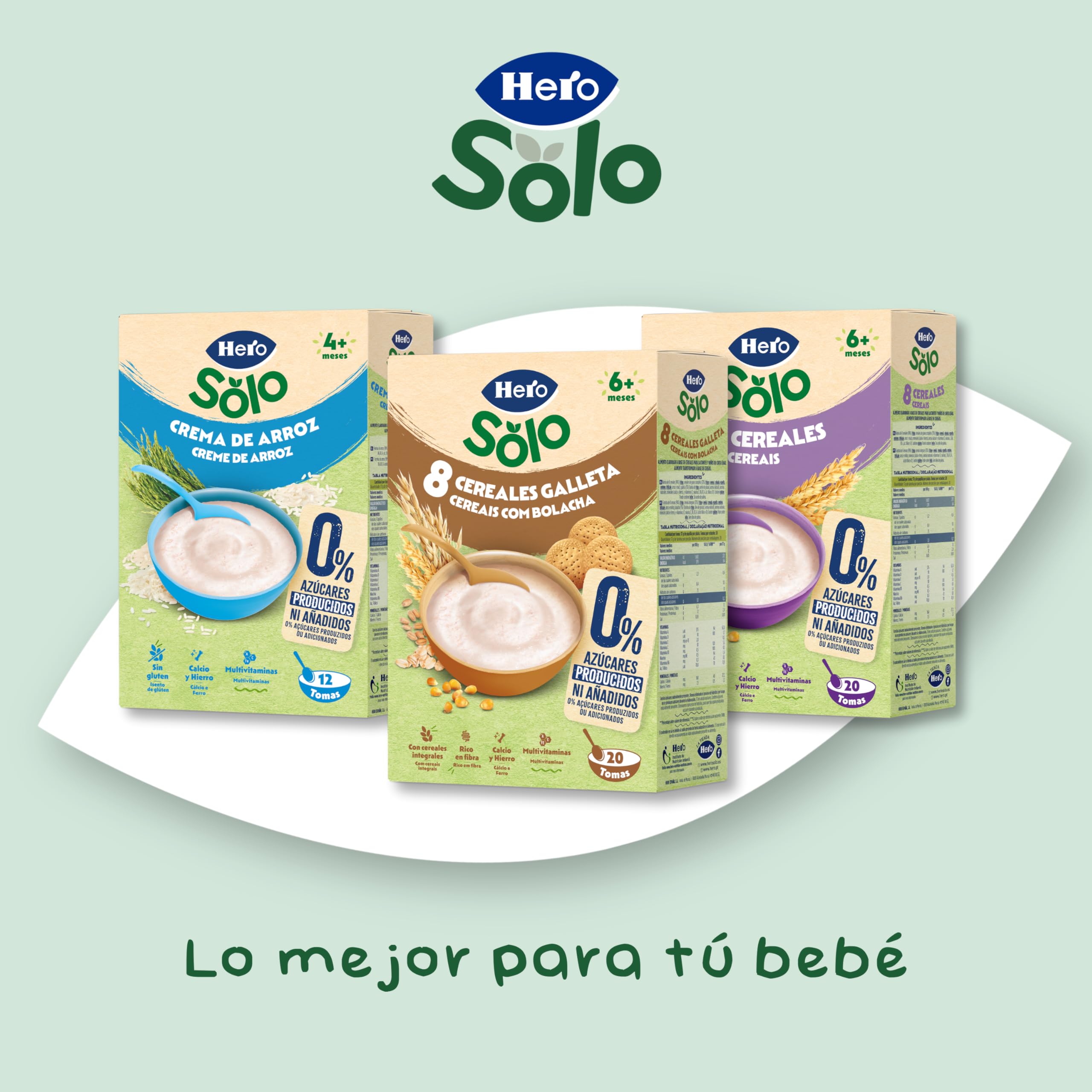 Hero Solo Papilla 8 Cereales con Galleta, Sin Azúcares Añadidos, Rica en Fibra y Vitaminas, Sabor Natural para Bebés, a partir de 6 meses, 6 ud x 550gr