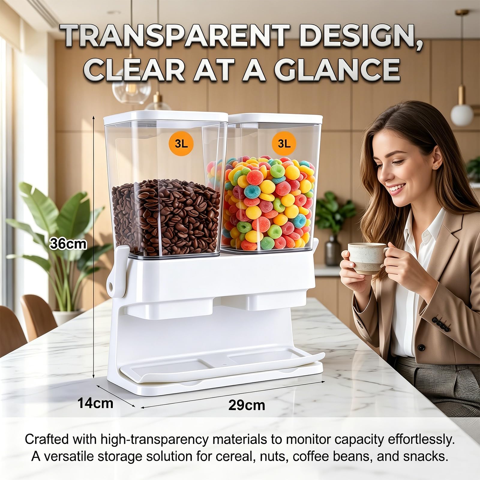 Set di 2 dispenser per cereali, 3 l, ermetici, di grande capacità, per conservare il riso automatico, contenitori trasparenti con coperchio, per cereali, snack e cereali (bianco)