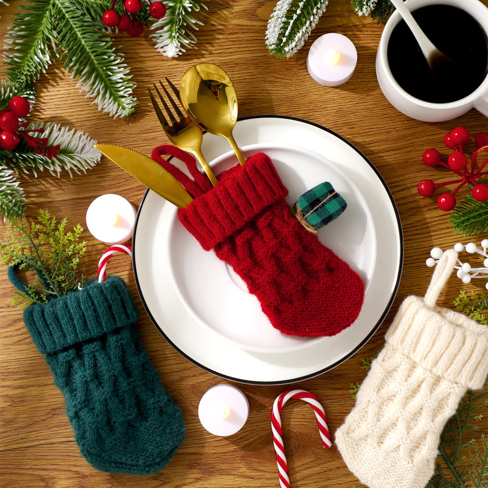 BBTO 30 Stück Mini-Weihnachtsstrümpfe, 12,7 cm Zopfstrick, Weihnachtsstrümpfe, rustikale Weihnachtsbaumschmuck