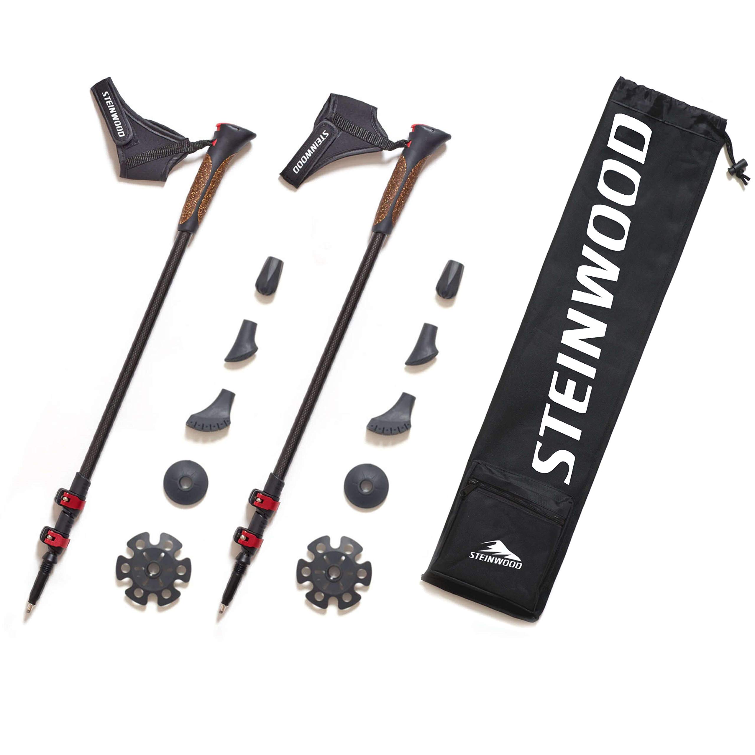 Steinwood Premium 100% Carbone bâtons de Marche Nordique réglables avec télescope et Fermeture à Pince avec Embouts en Caoutchouc supplémentaires et Sac de Transport, Multicolore