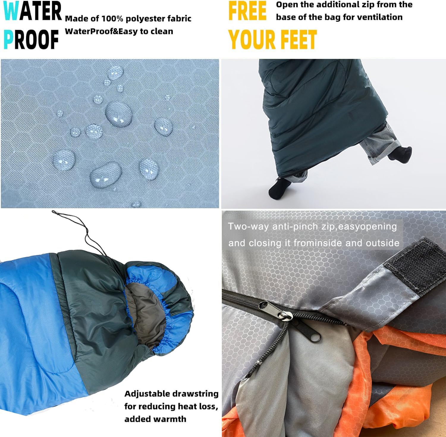 Sac de couchage 4 saisons pour adultes et enfants pour le camping, la randonnée, les voyages par temps chaud, froid et léger, imperméable avec sac de compression, activités intérieures et extérieures