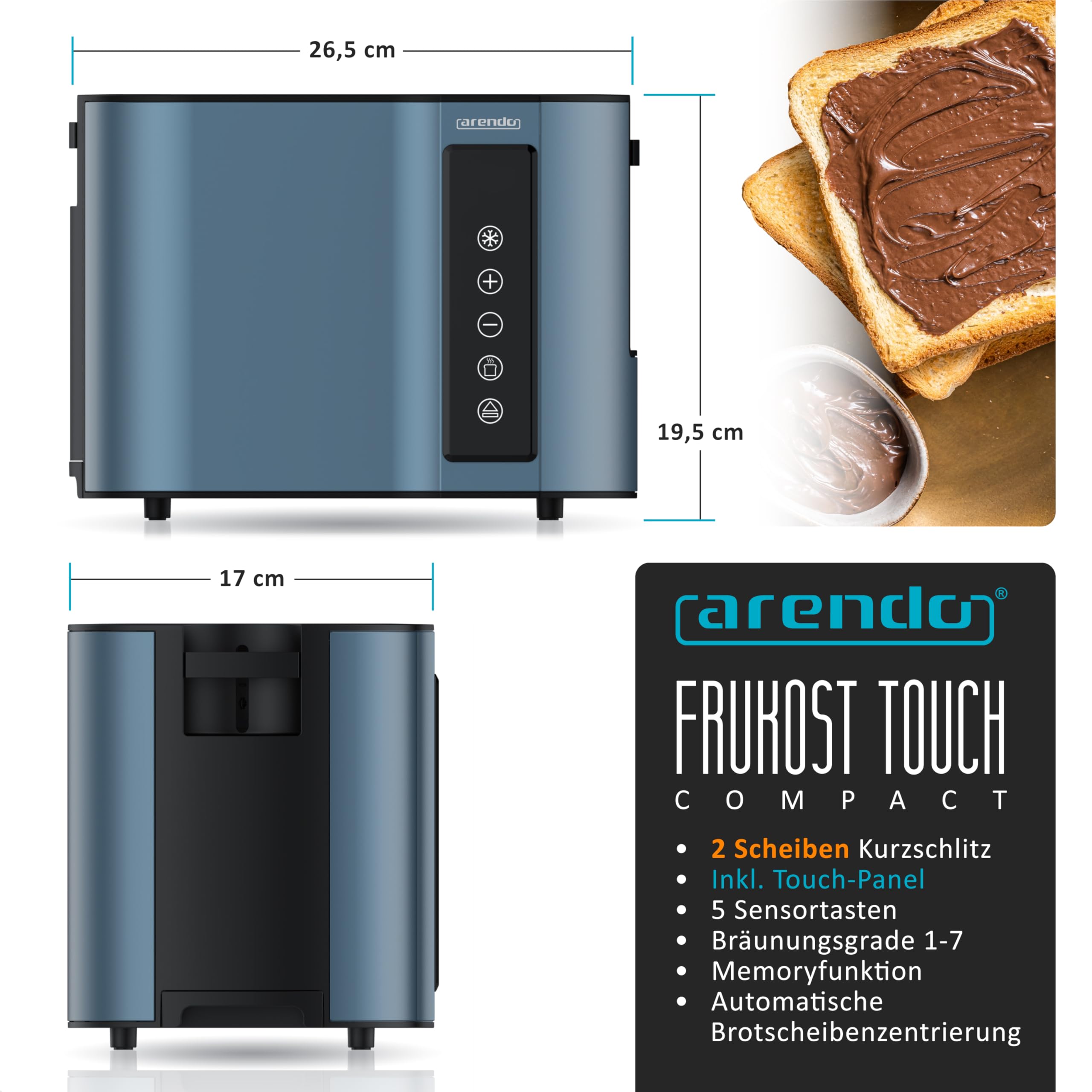 Arendo - Touch Toaster 2 Scheiben Edelstahl - Touchpanel - digital Display Restzeitanzeige - 800 W – Doppelwandgehäuse – mit Brötchenaufsatz – 7 Bräunungsgrade – Brotscheibenzentrierung - Blau