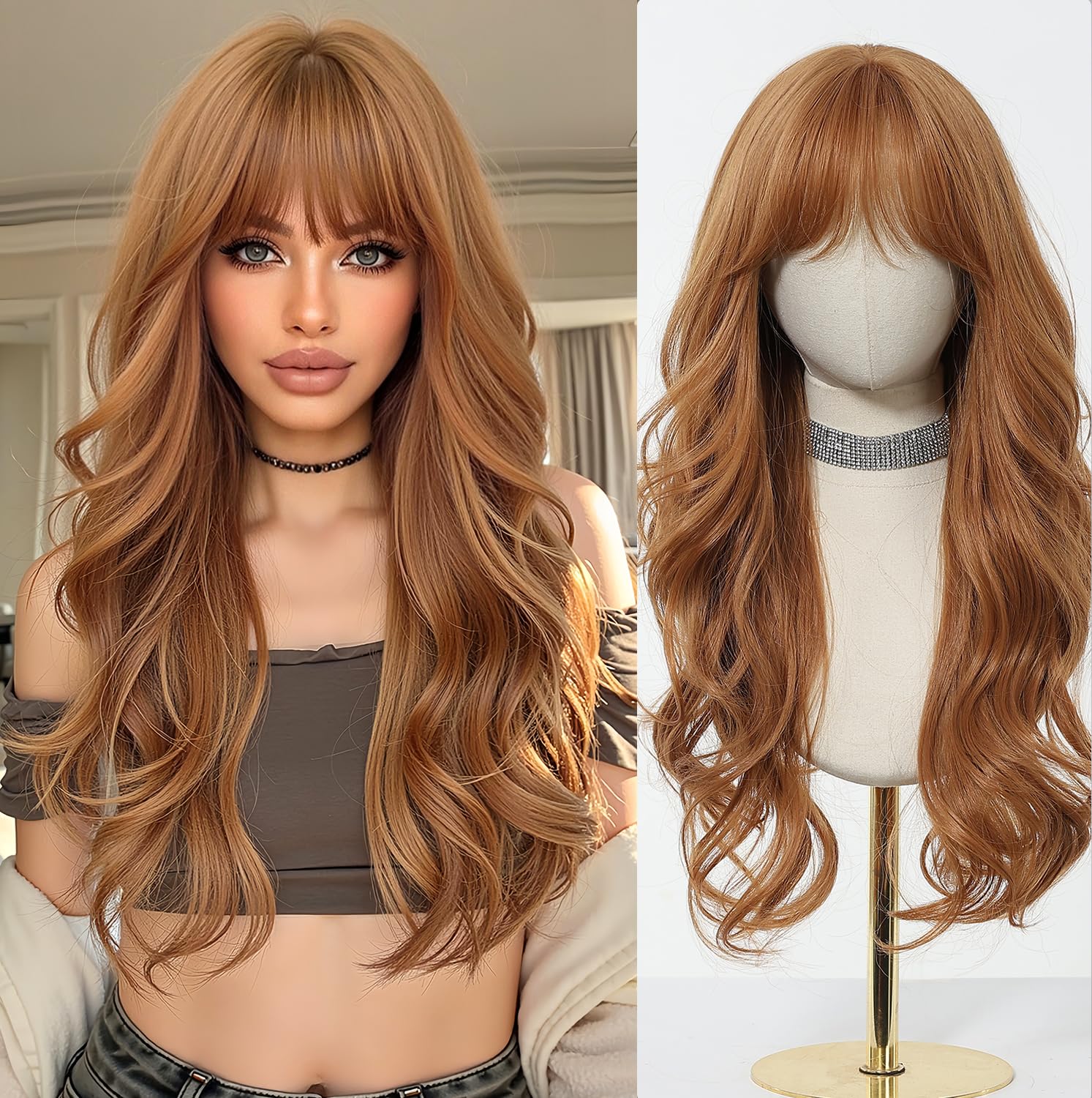 Esmee Long Wavy Strawberry Blonde Wig with Bangs for Women Natural Synthetic Hair Heat Resistant Wigs for Daily Party Cosplay Wear 26 Inches Strawberry Blonde 26 Inch