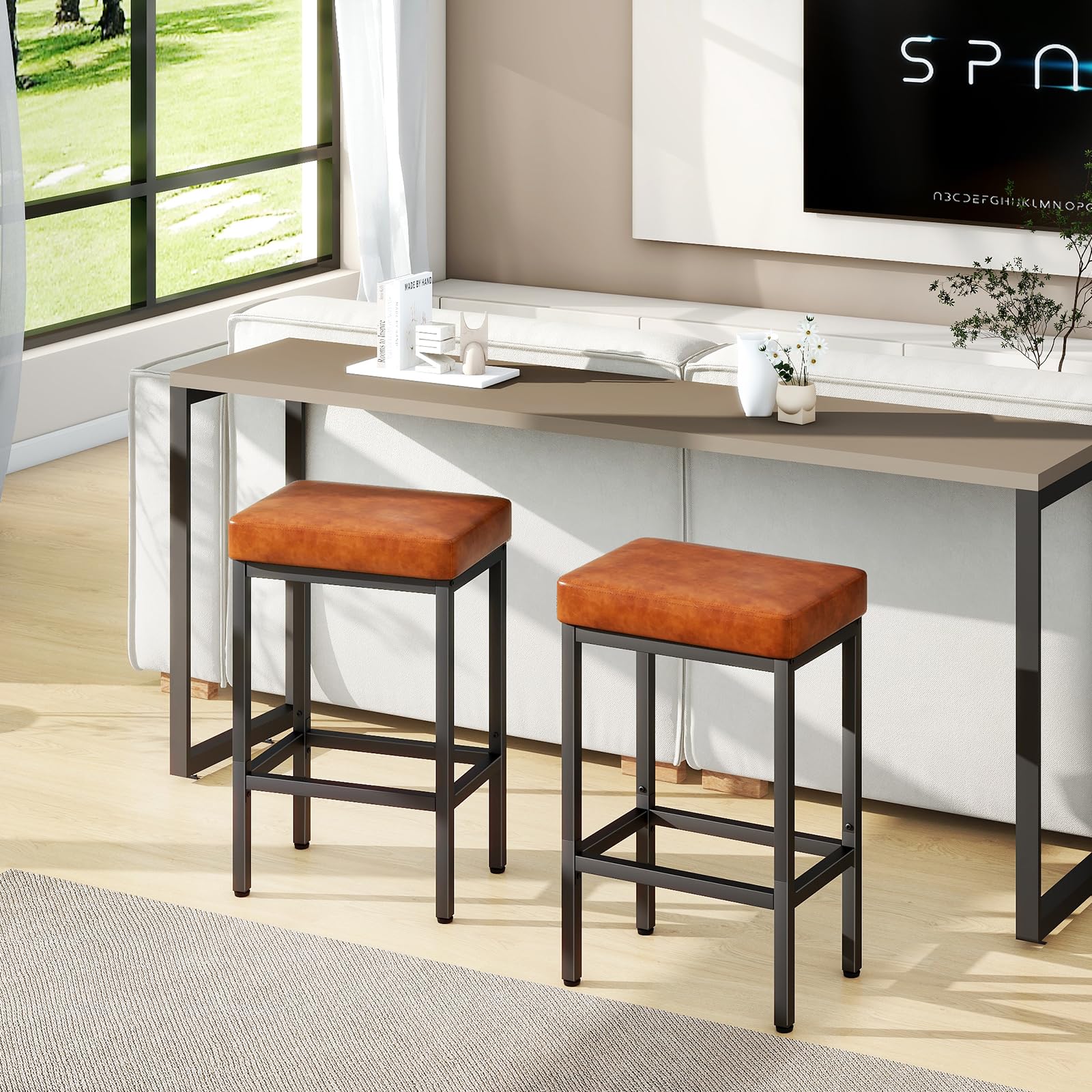 YMYNY Tabouret Bar, 66 cm Tabouret de Bar Lot de 2, Brun Caramel Chaise de Bar, Cuir PU Tabourets de Bar, 6 cm Siège Rembourré, Cadre en métal, Chaise Haute Bar, Chaise Haute Cuisine, HBS513J